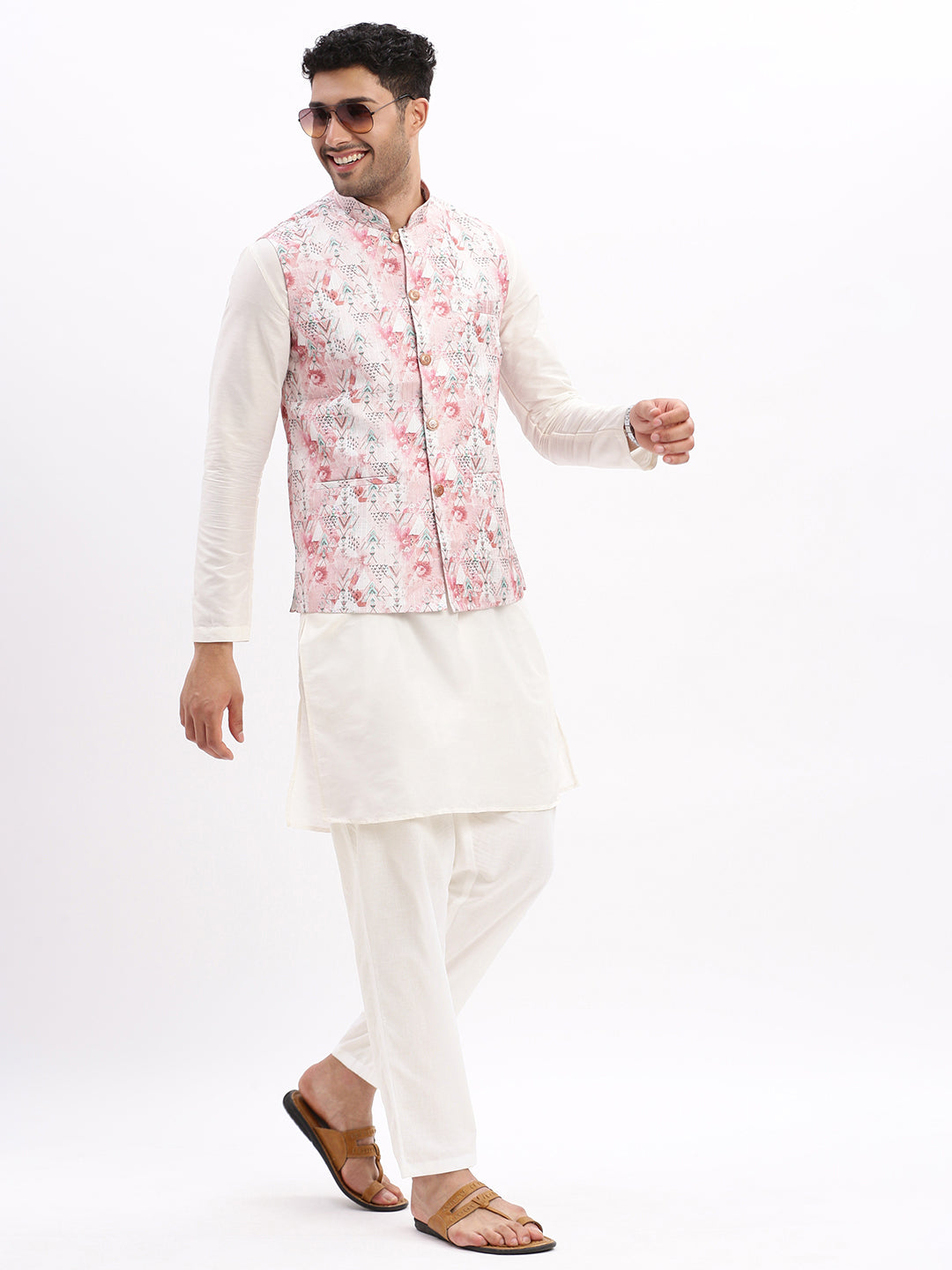 Men Printed Peach Nehru Jacket