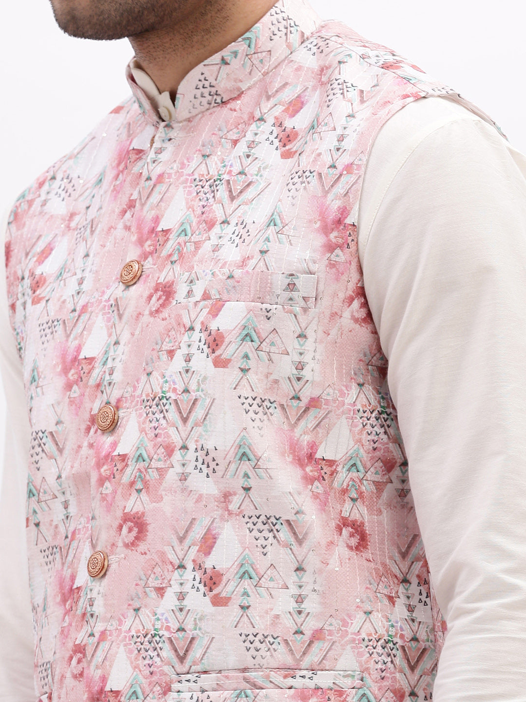 Men Printed Peach Nehru Jacket