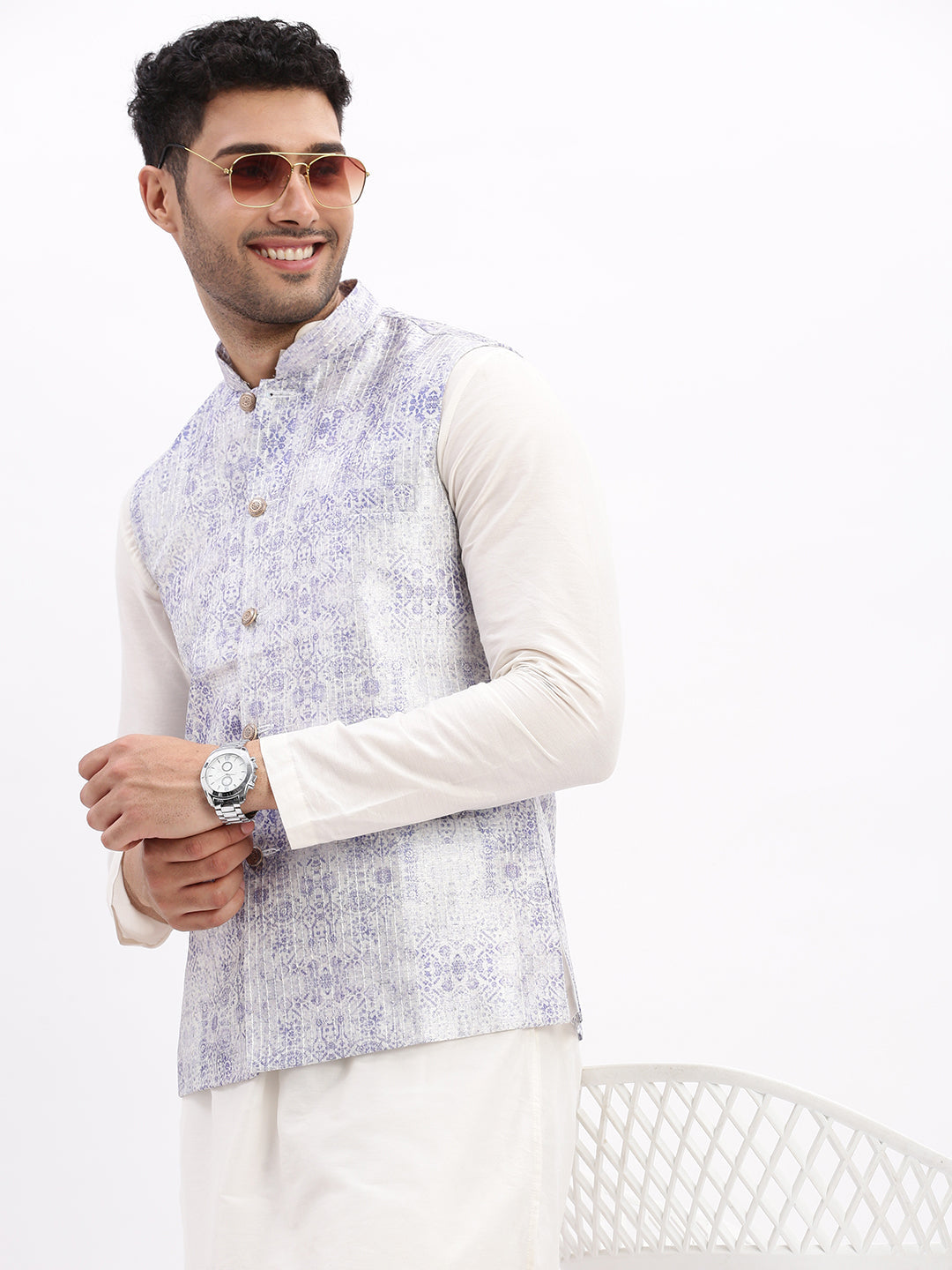 Men Printed Lavender Nehru Jacket