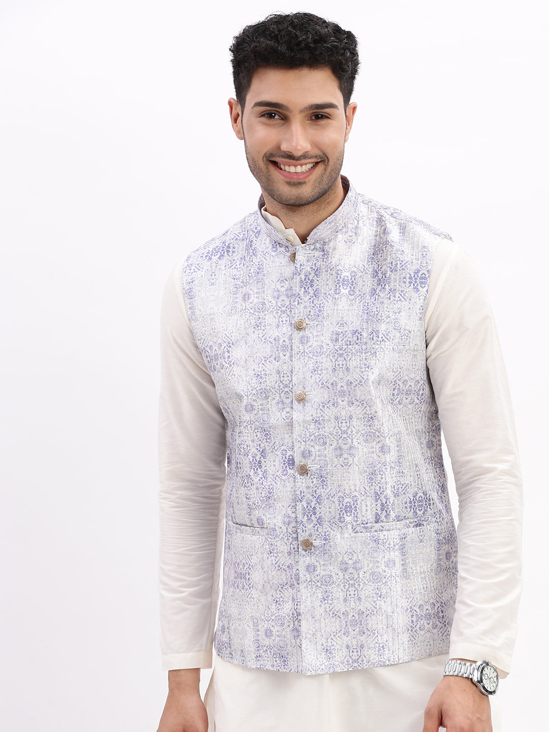 Men Printed Lavender Nehru Jacket