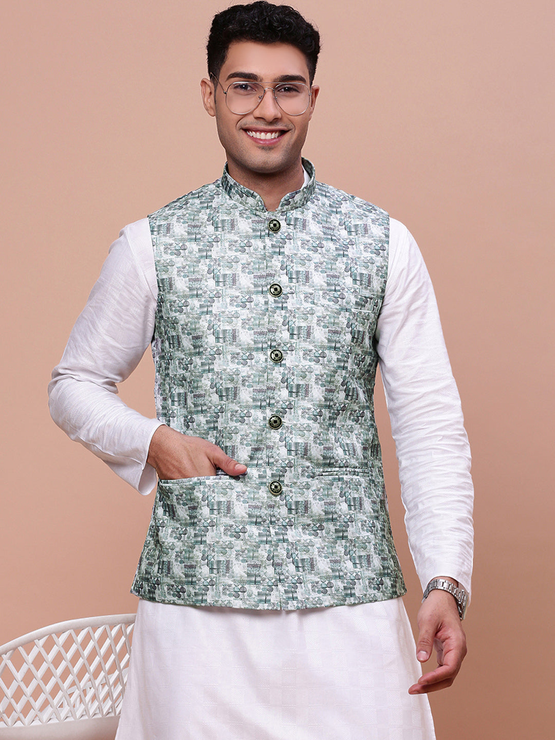 Men Woven Design Teal Slim Fit Nehru Jacket