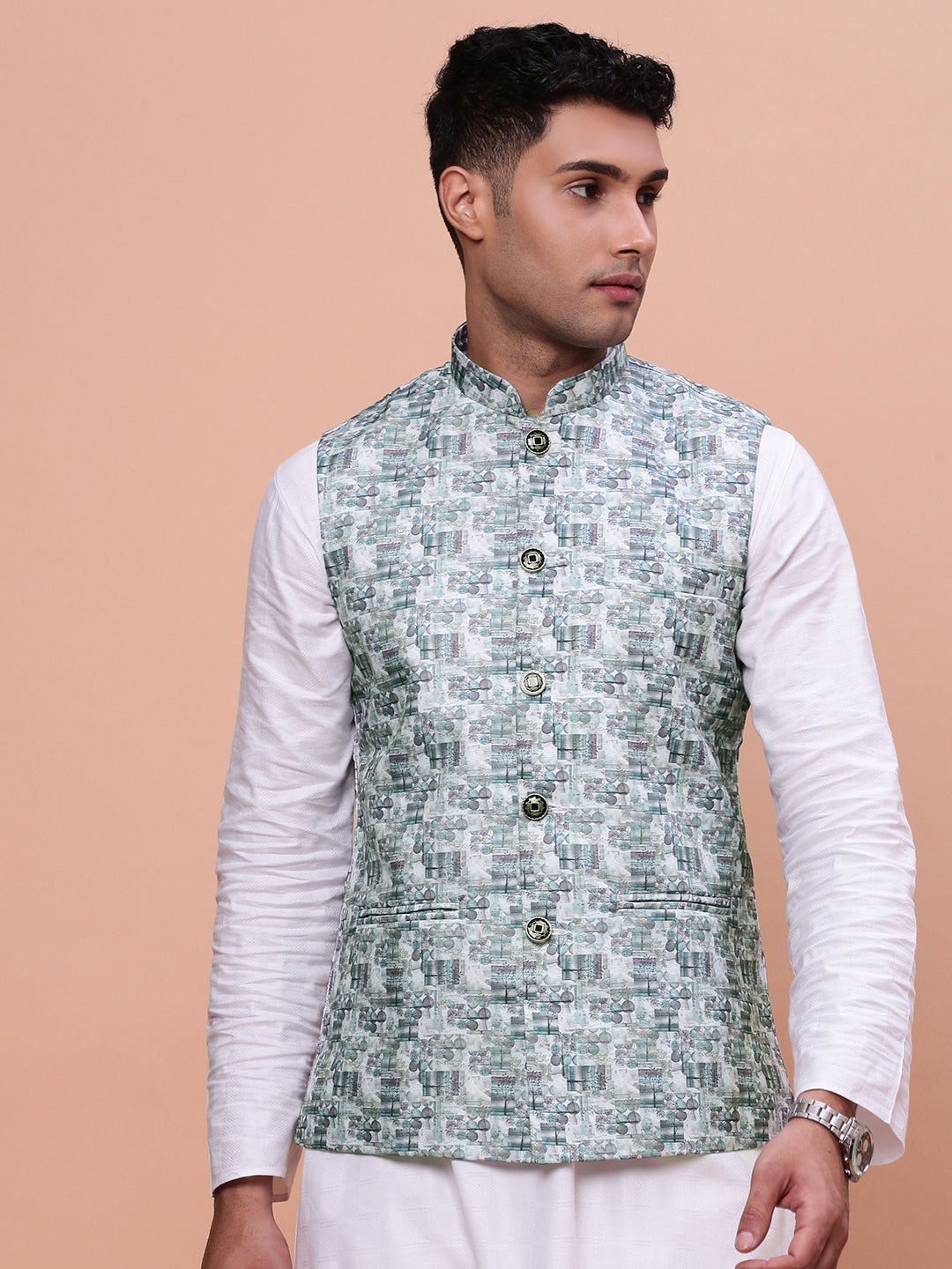 Men Woven Design Teal Slim Fit Nehru Jacket