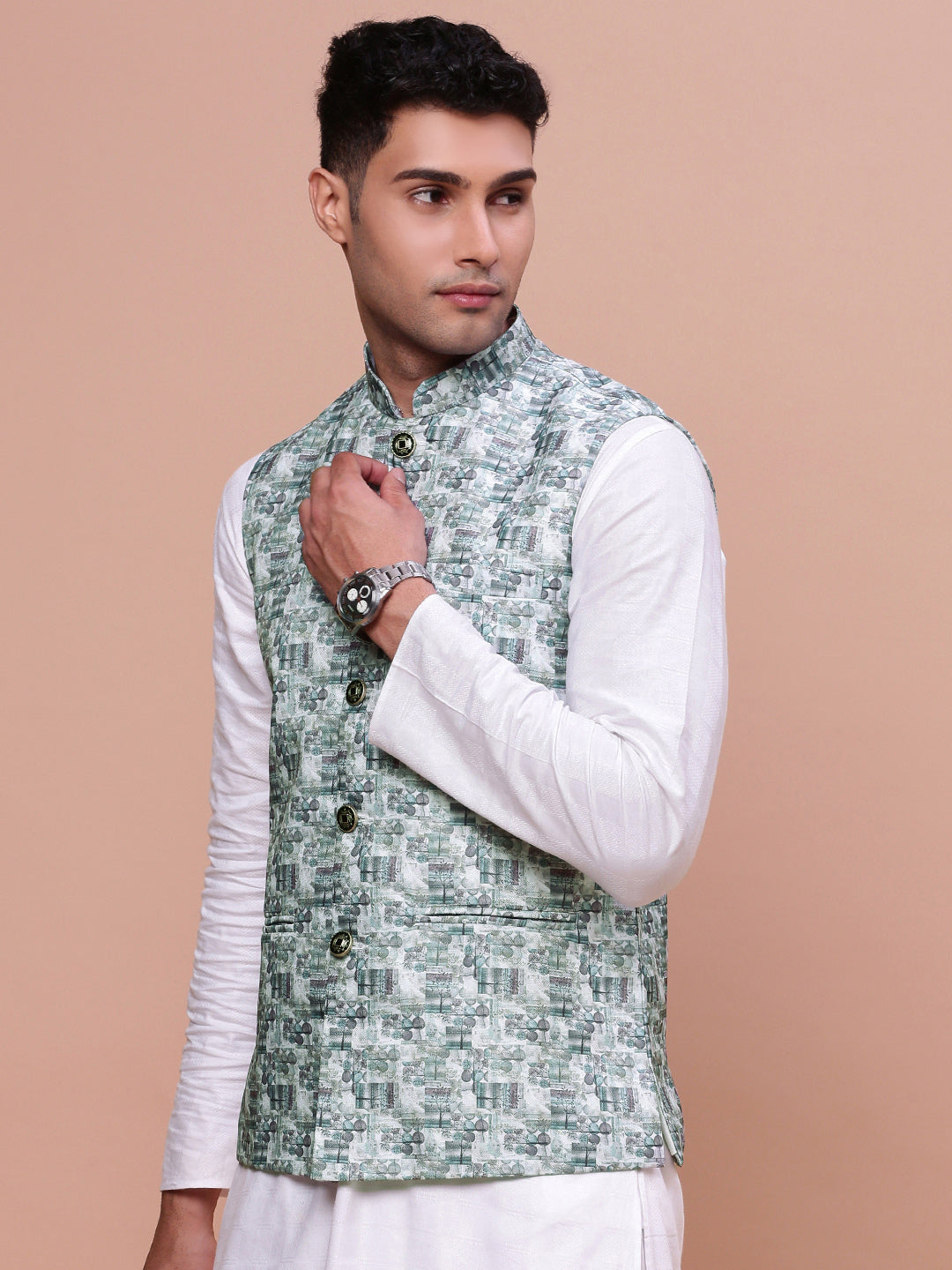 Men Woven Design Teal Slim Fit Nehru Jacket