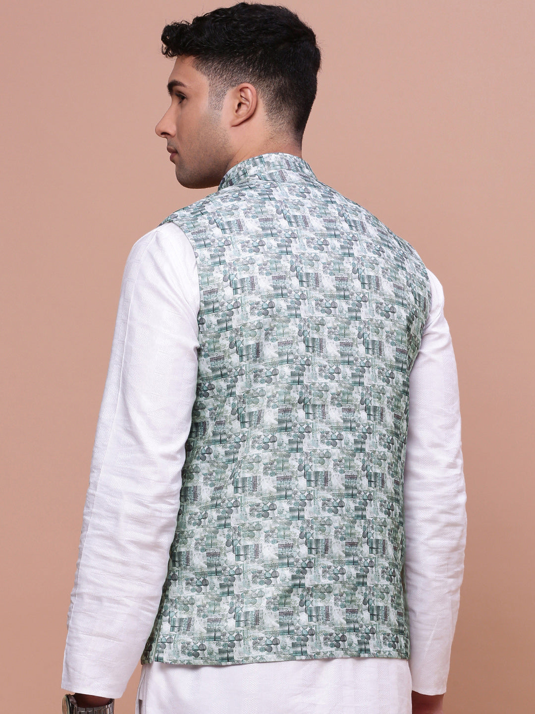 Men Woven Design Teal Slim Fit Nehru Jacket