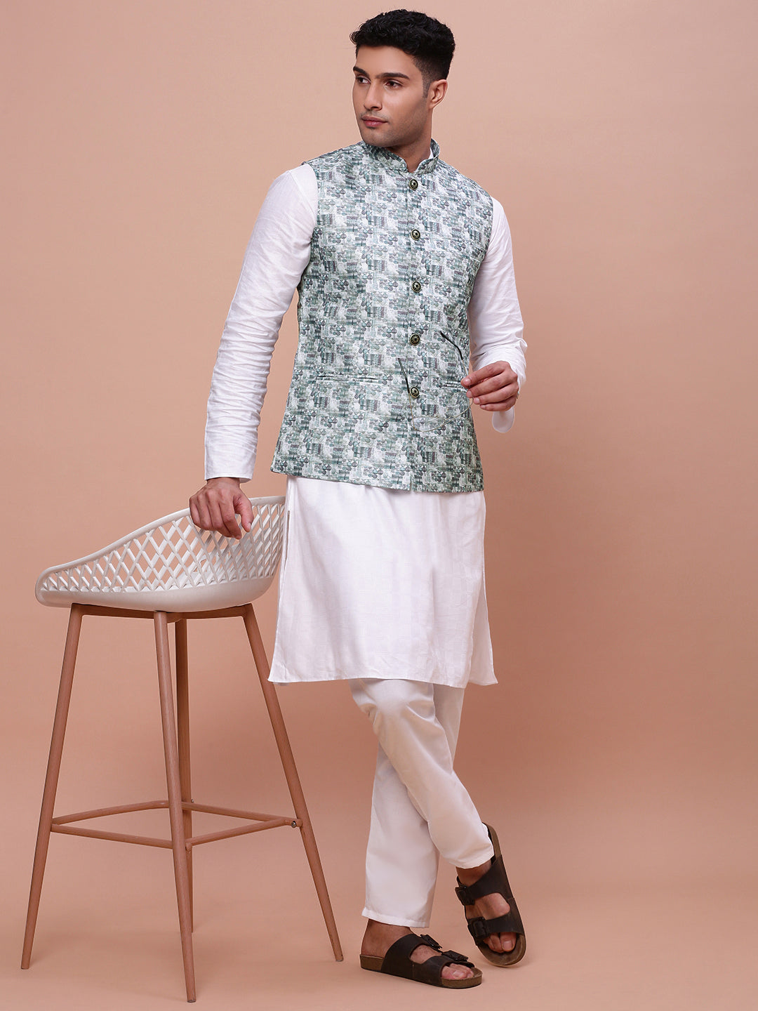 Men Woven Design Teal Slim Fit Nehru Jacket