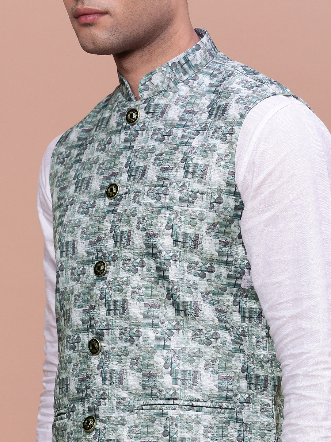 Men Woven Design Teal Slim Fit Nehru Jacket