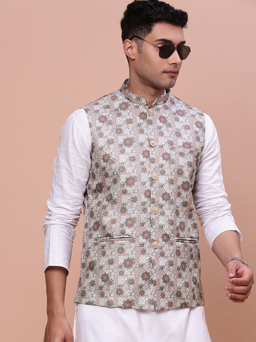 Men Woven Design Brown Slim Fit Nehru Jacket