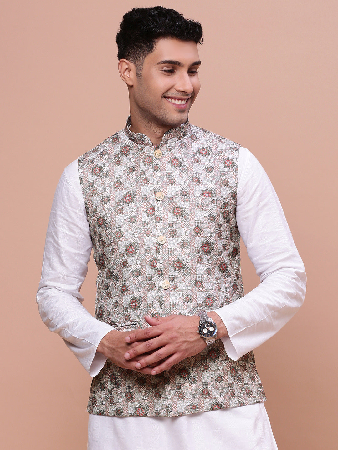 Men Woven Design Brown Slim Fit Nehru Jacket