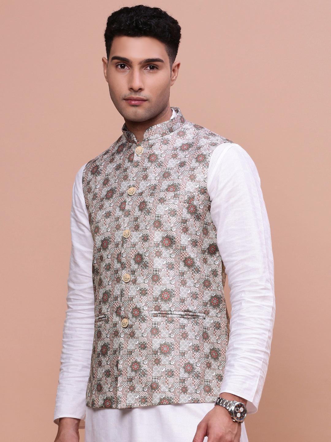 Men Woven Design Brown Slim Fit Nehru Jacket