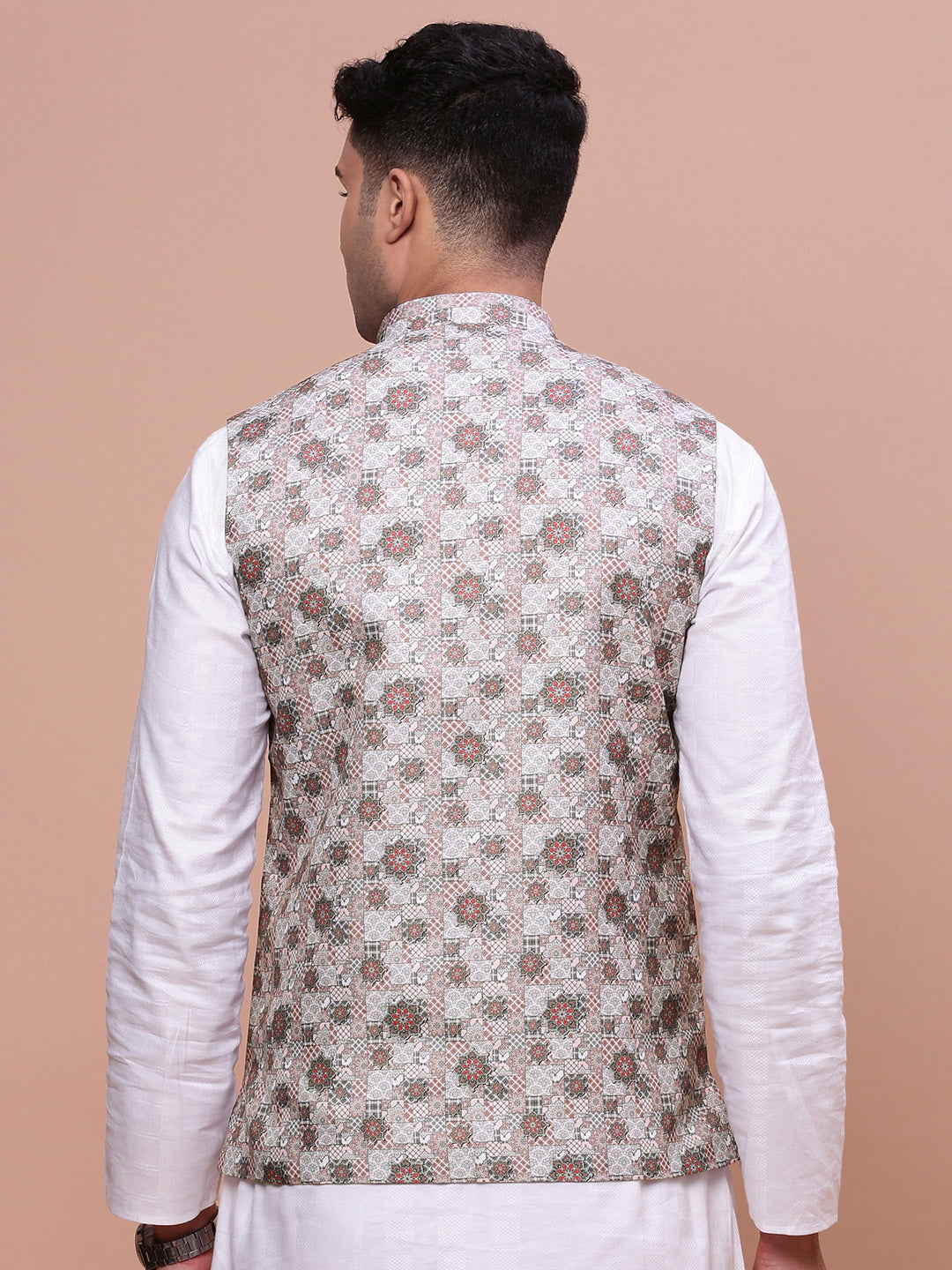 Men Woven Design Brown Slim Fit Nehru Jacket