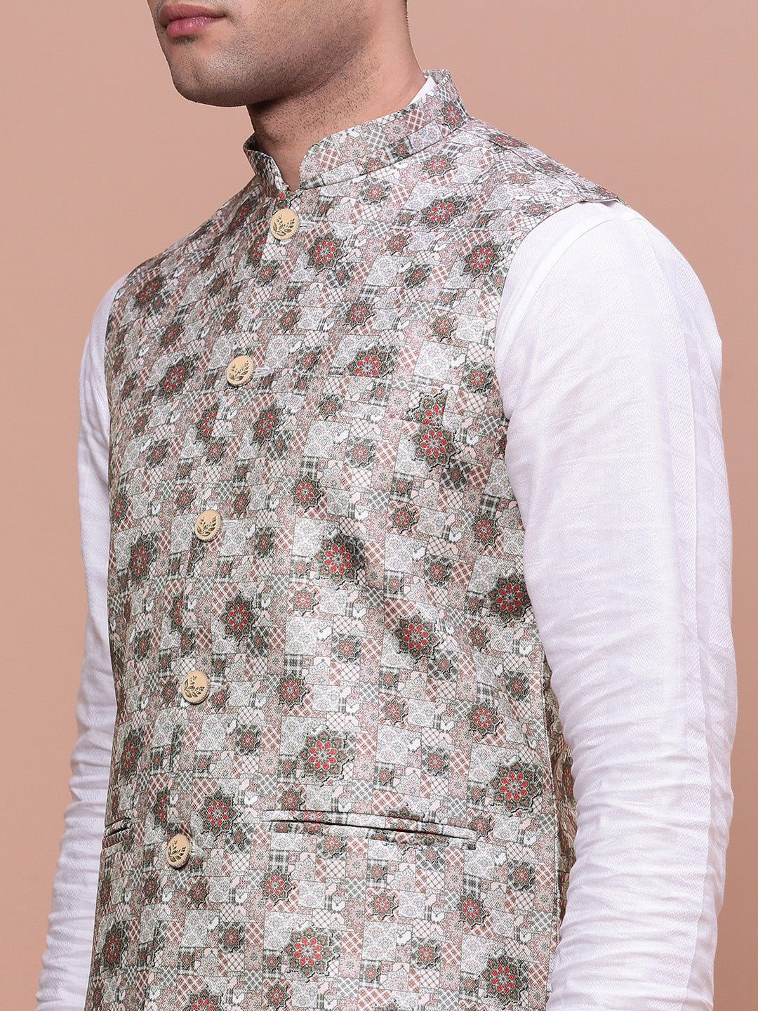 Men Woven Design Brown Slim Fit Nehru Jacket