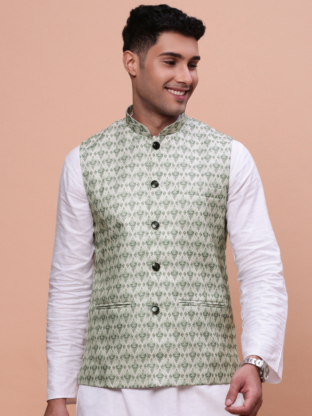 Men Woven Design Green Slim Fit Nehru Jacket