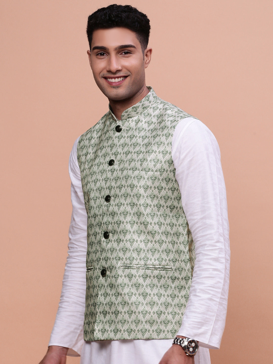 Men Woven Design Green Slim Fit Nehru Jacket