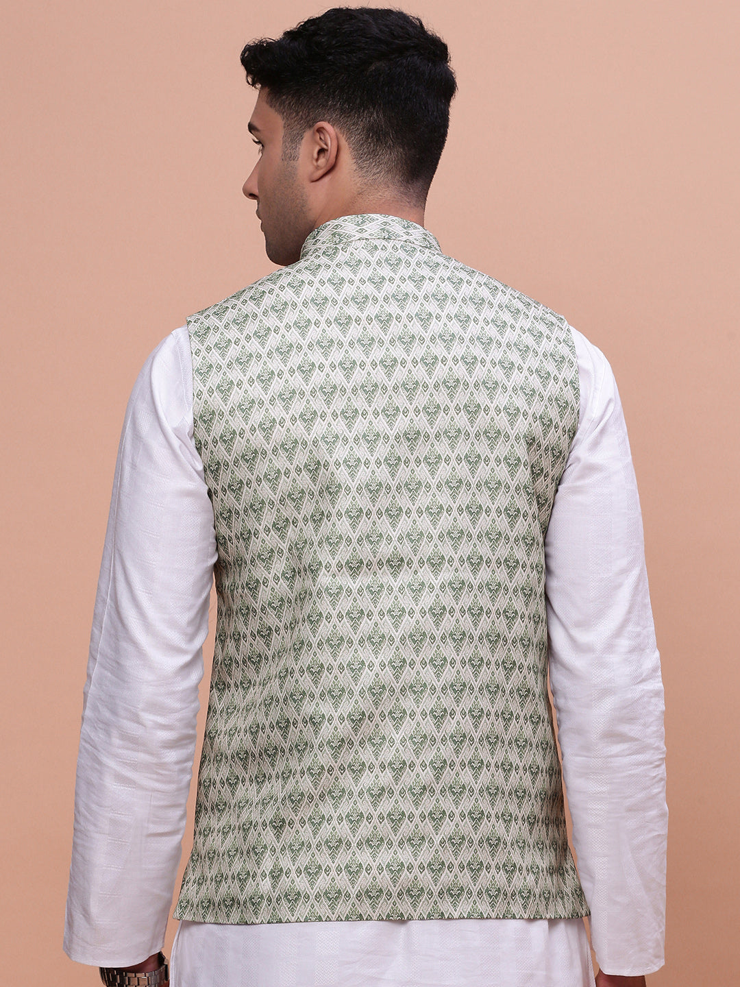 Men Woven Design Green Slim Fit Nehru Jacket