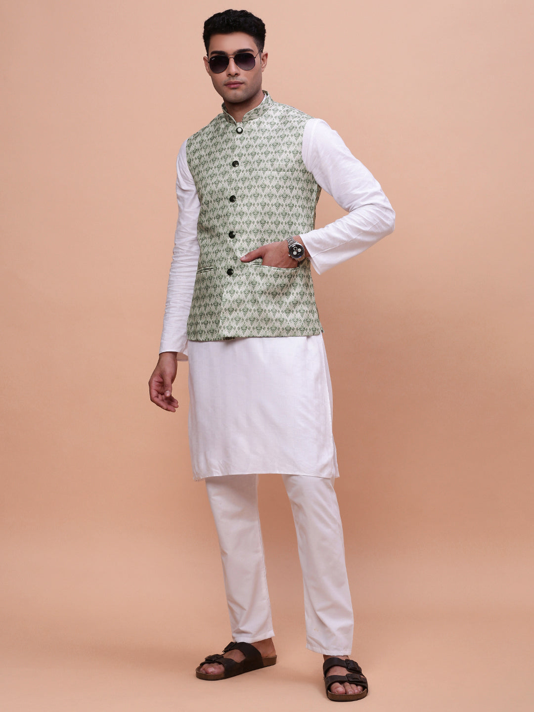 Men Woven Design Green Slim Fit Nehru Jacket