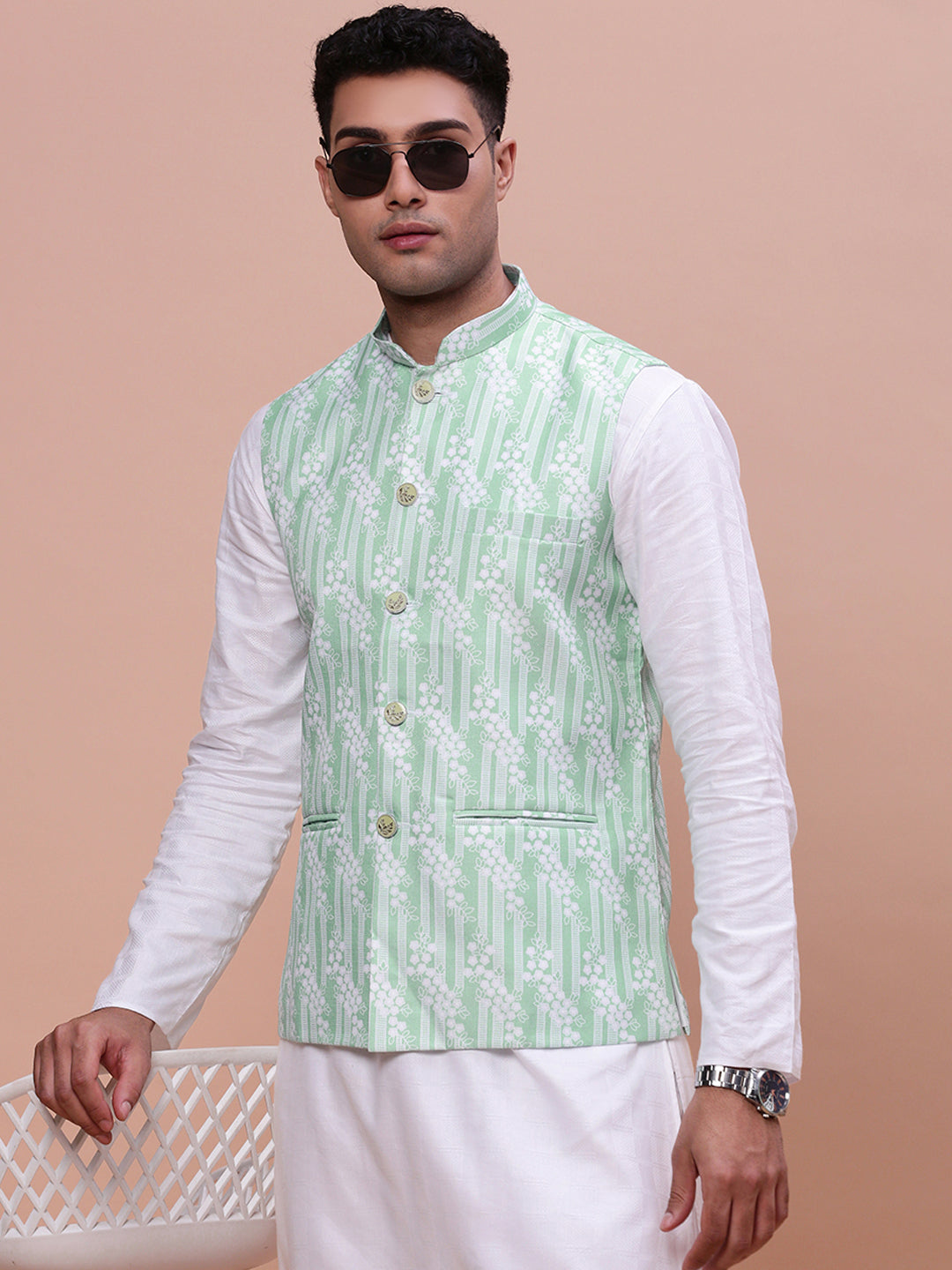 Men Solid Green Slim Fit Nehru Jacket