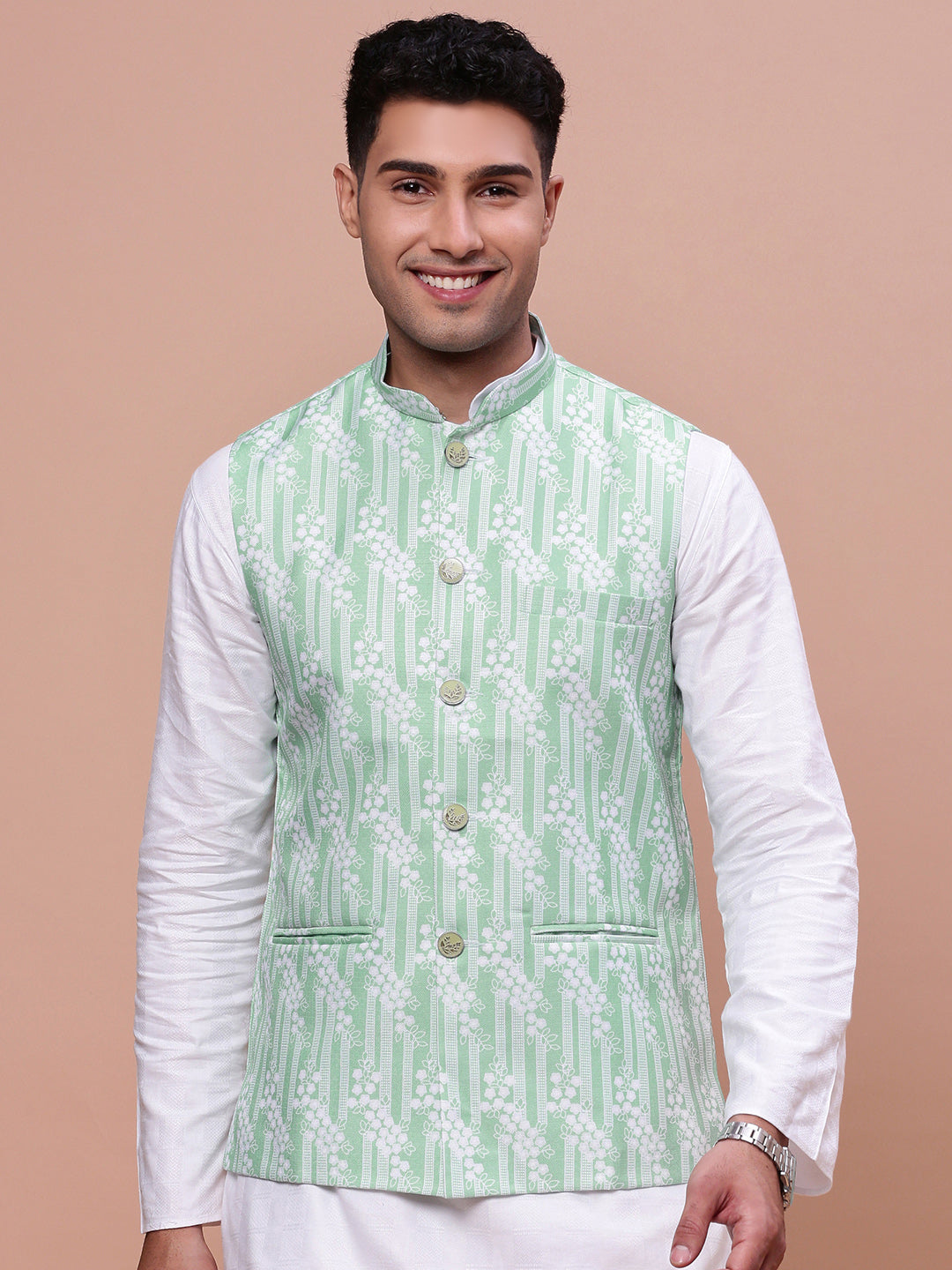 Men Solid Green Slim Fit Nehru Jacket