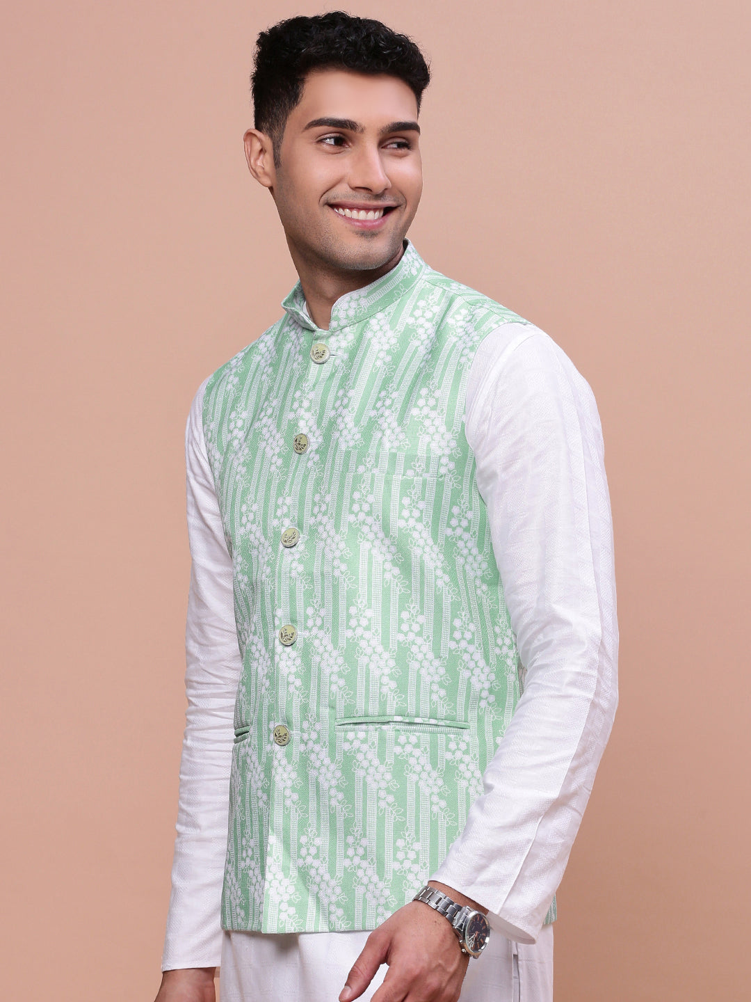 Men Solid Green Slim Fit Nehru Jacket