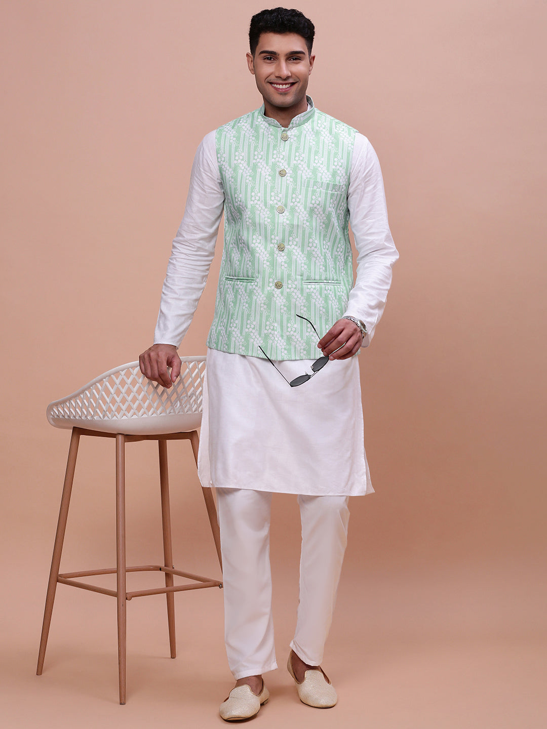 Men Solid Green Slim Fit Nehru Jacket