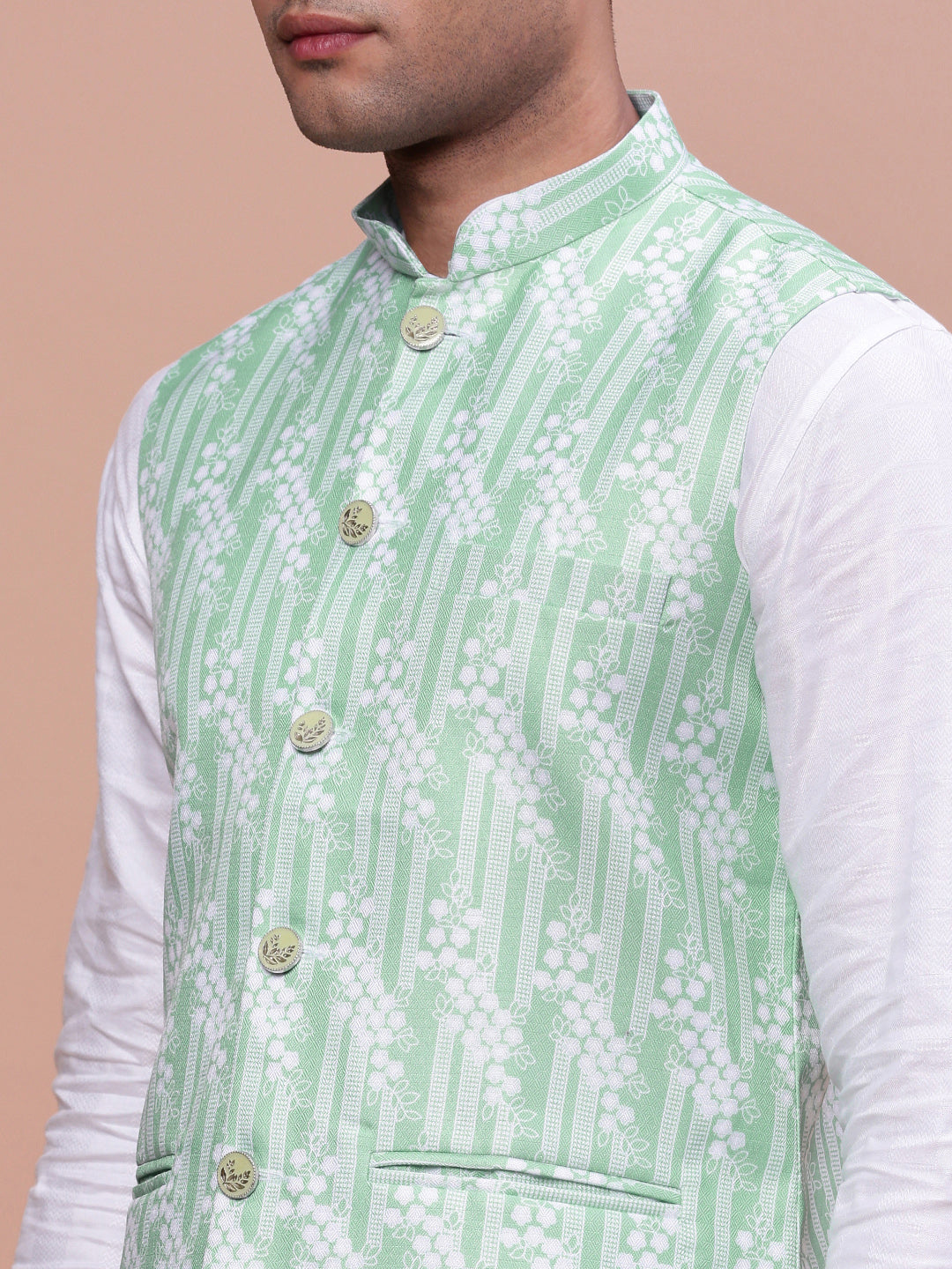 Men Solid Green Slim Fit Nehru Jacket