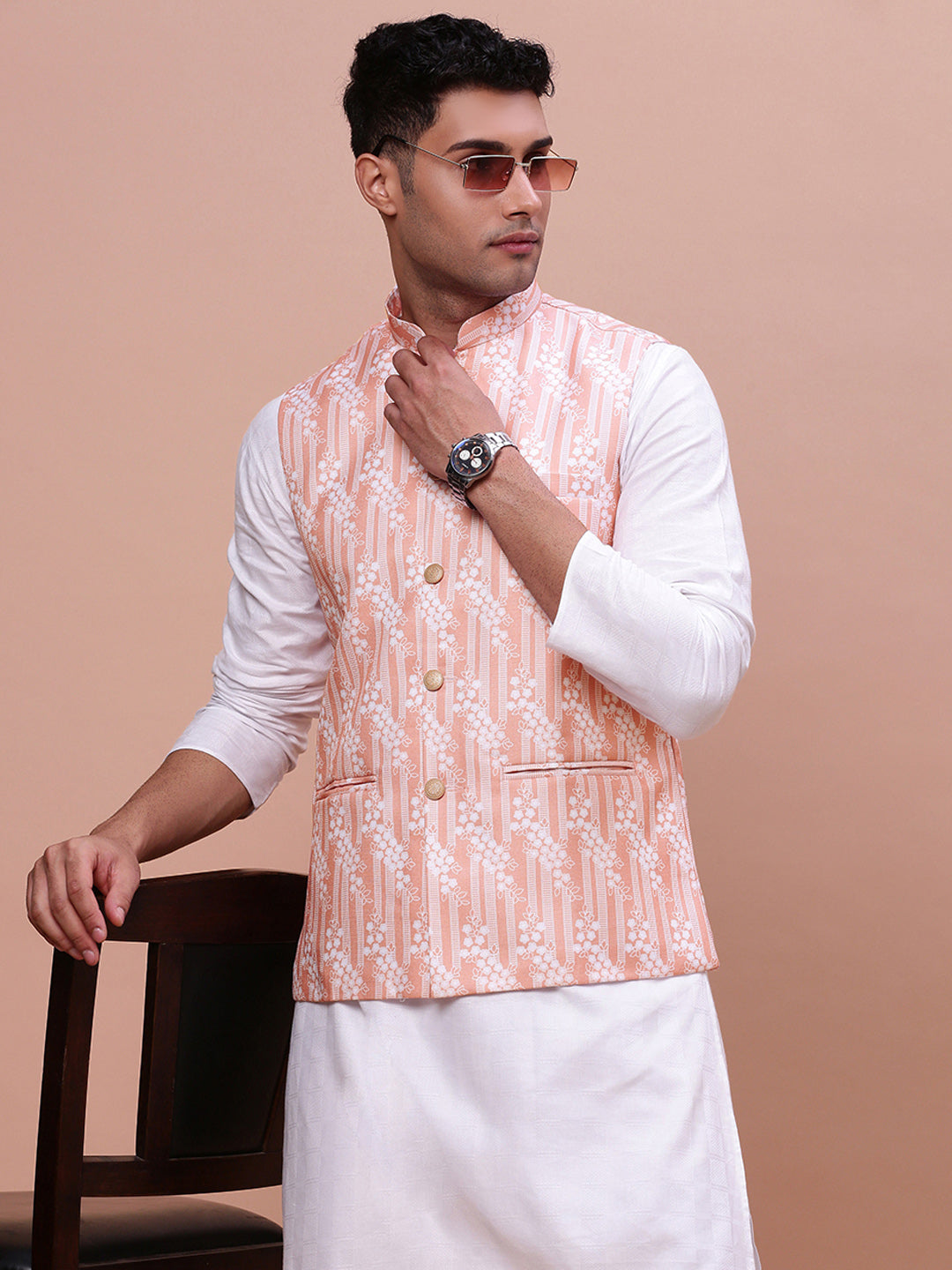 Men Solid Peach Slim Fit Nehru Jacket