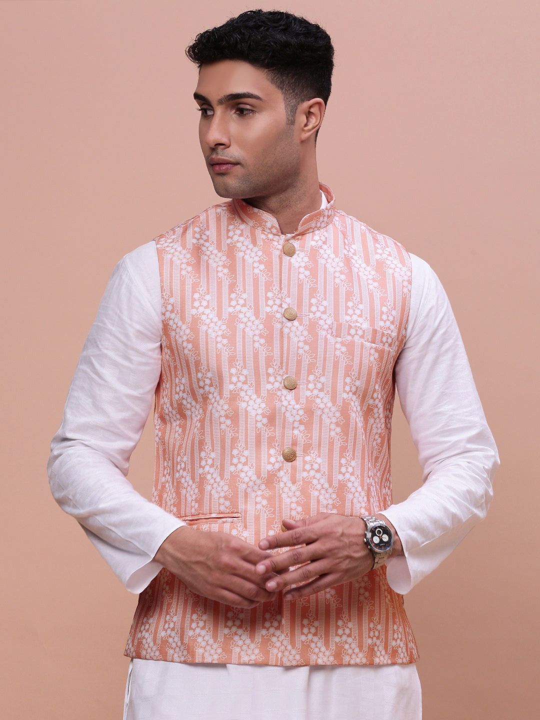 Men Solid Peach Slim Fit Nehru Jacket