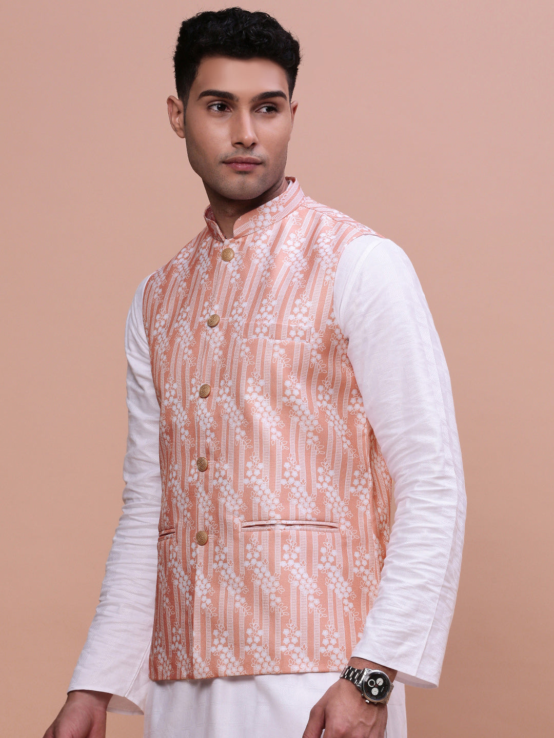 Men Solid Peach Slim Fit Nehru Jacket