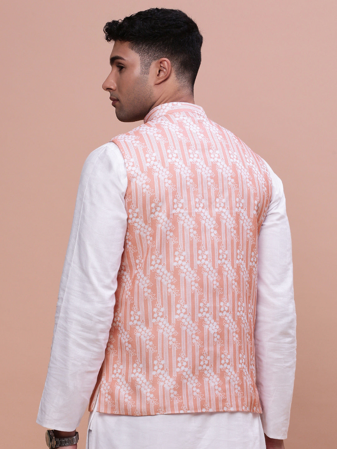 Men Solid Peach Slim Fit Nehru Jacket