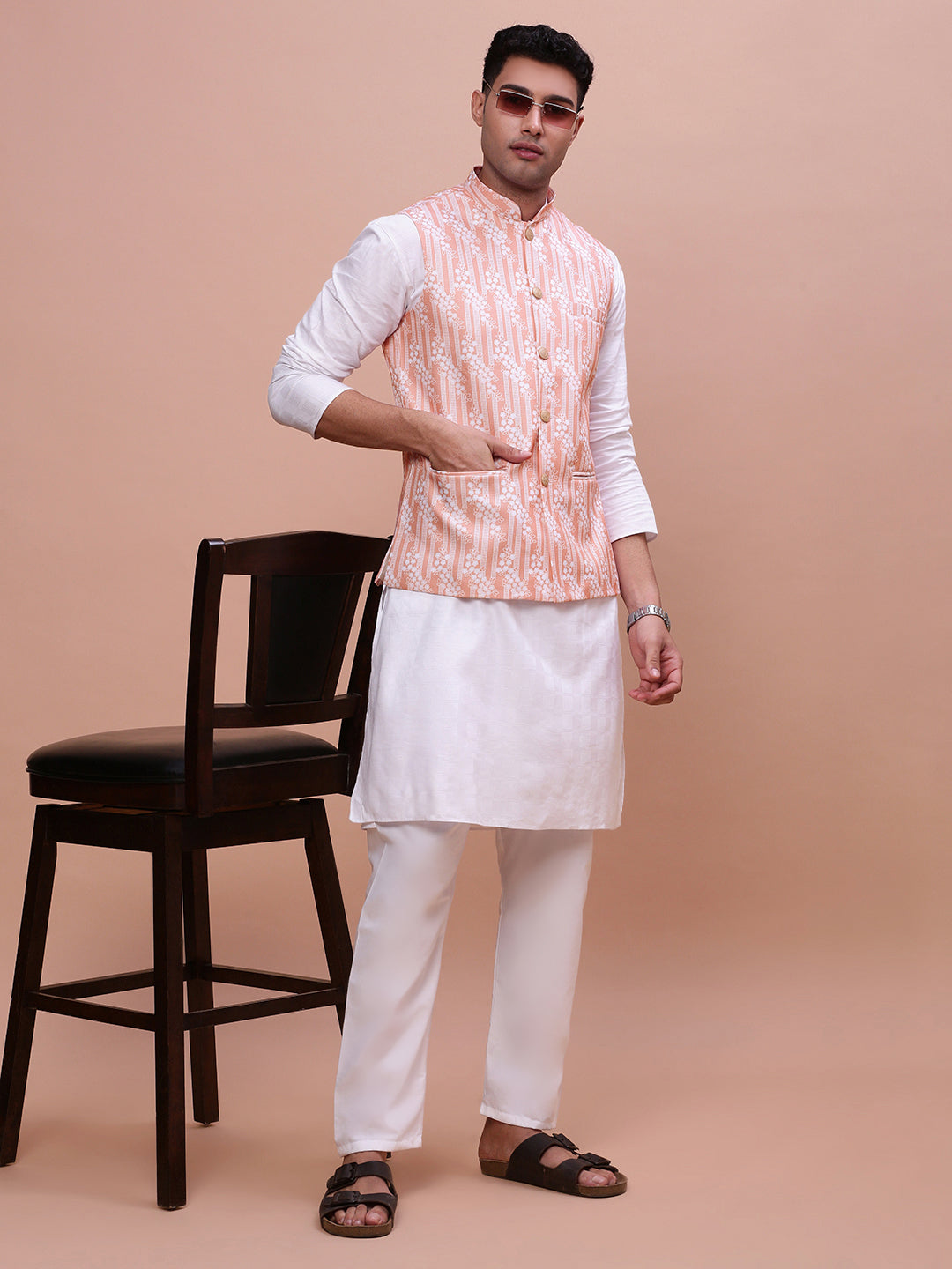 Men Solid Peach Slim Fit Nehru Jacket