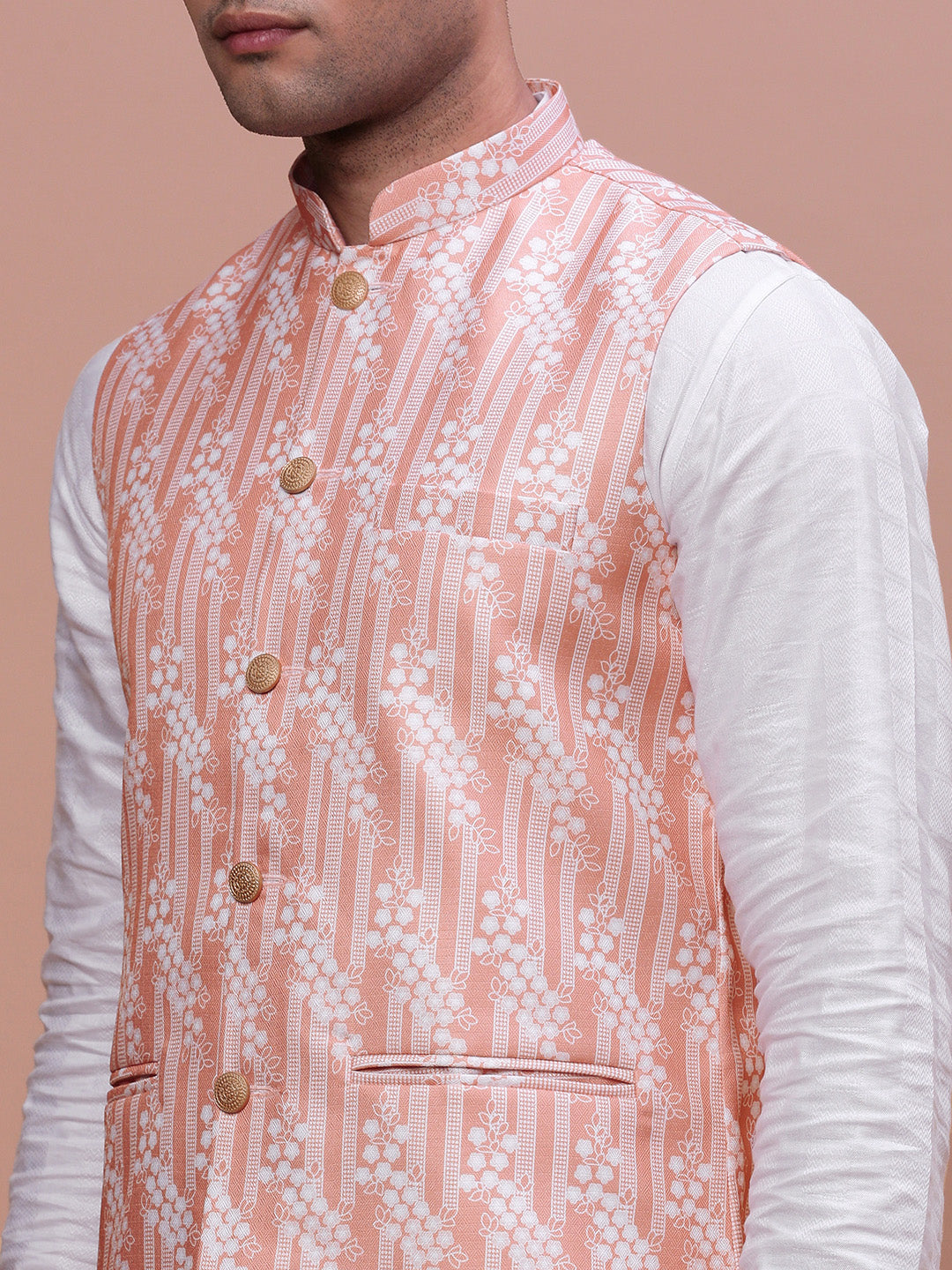 Men Solid Peach Slim Fit Nehru Jacket