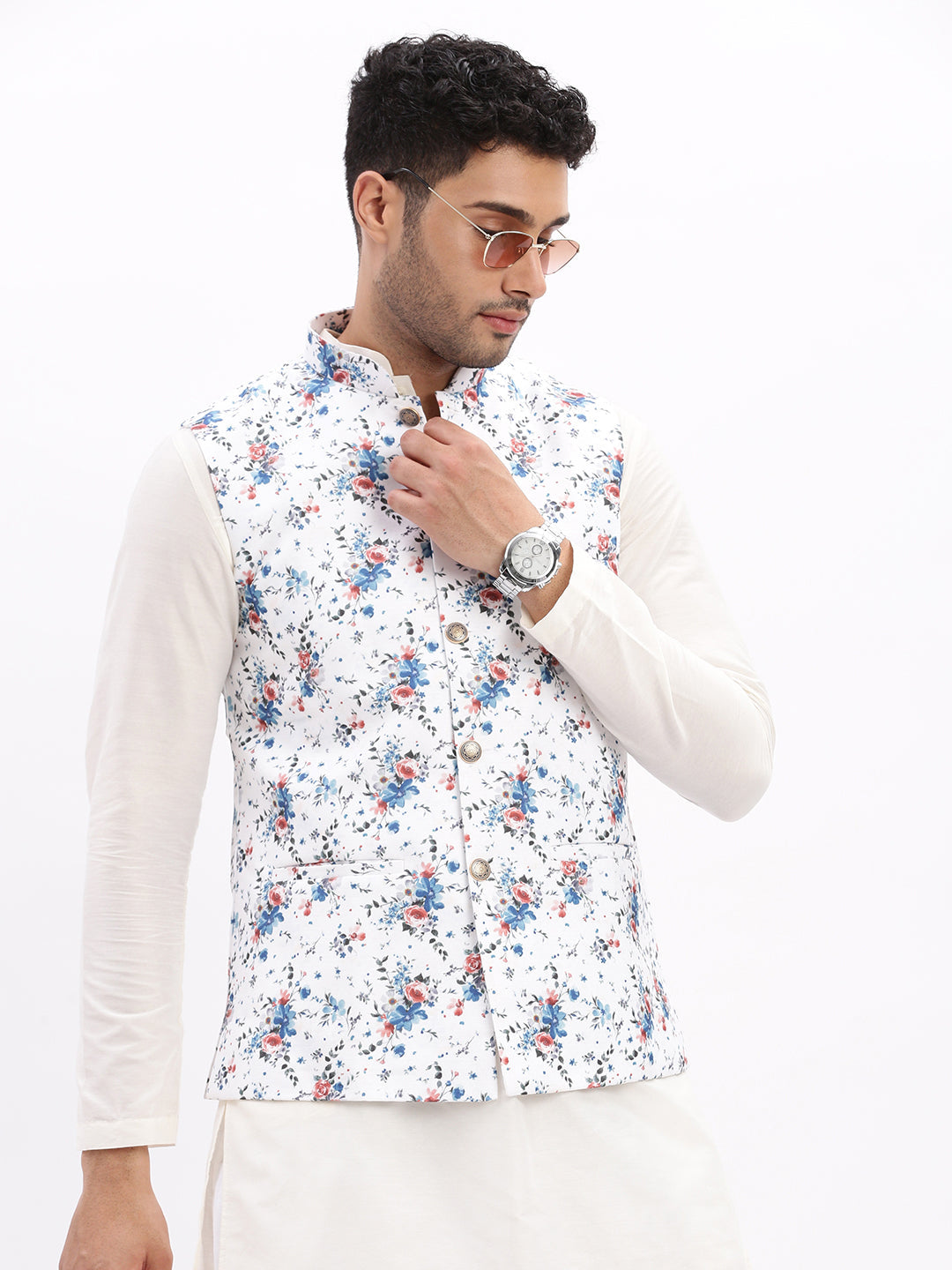 Men Printed White Nehru Jacket