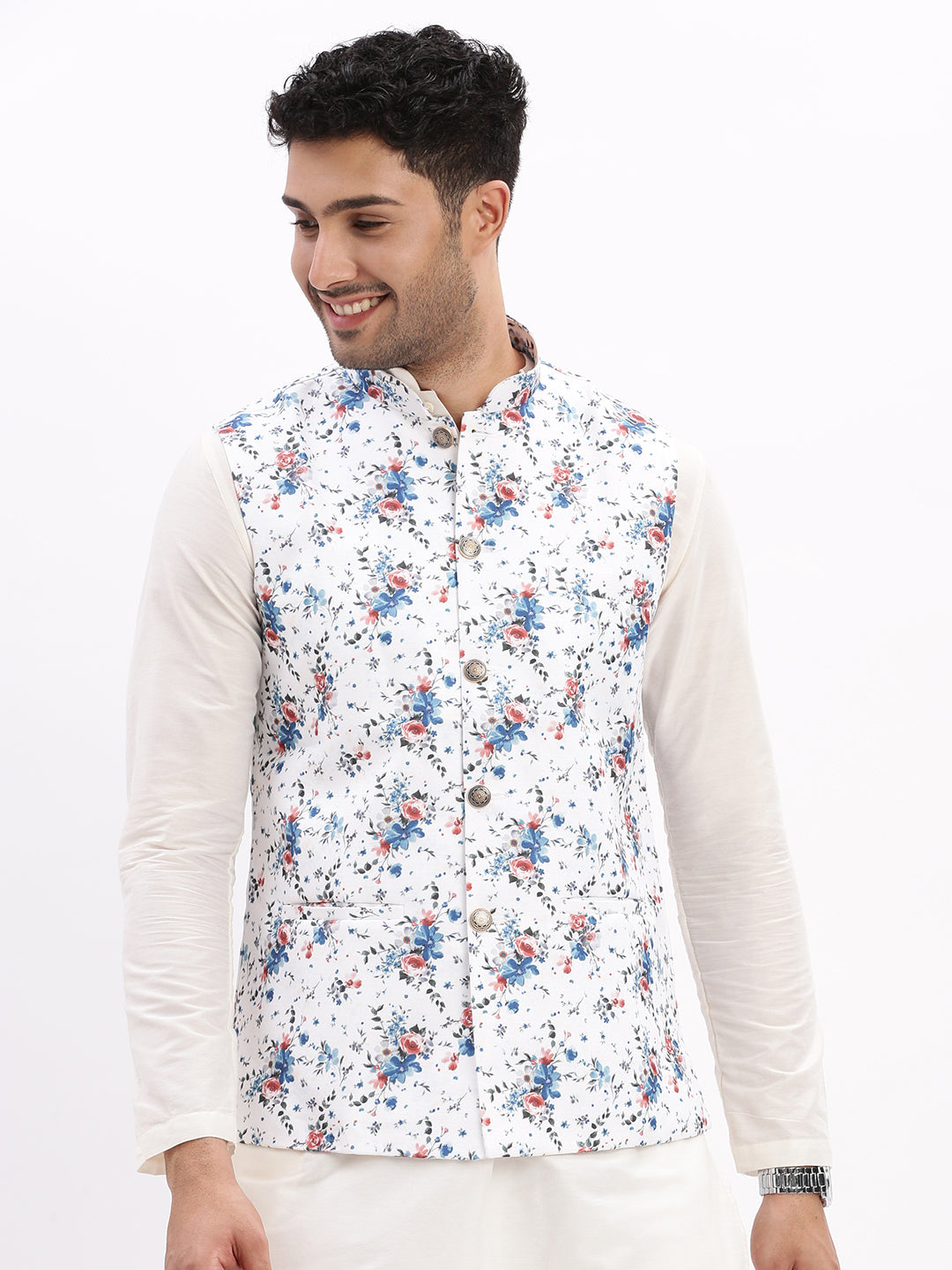 Men Printed White Nehru Jacket