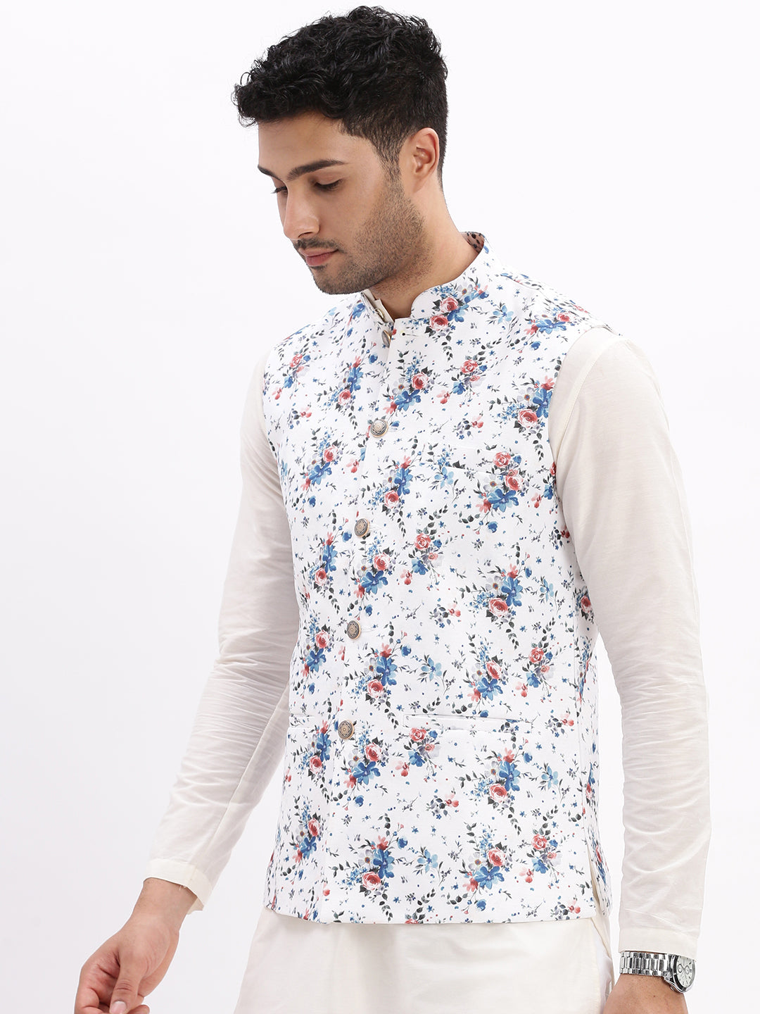 Men Printed White Nehru Jacket