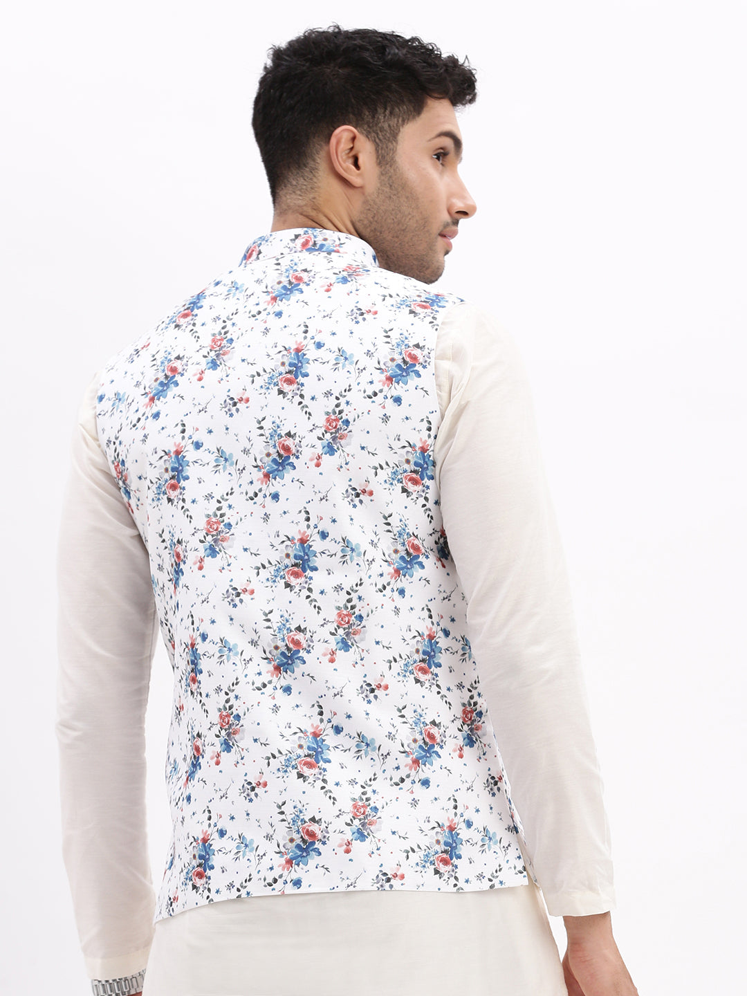 Men Printed White Nehru Jacket