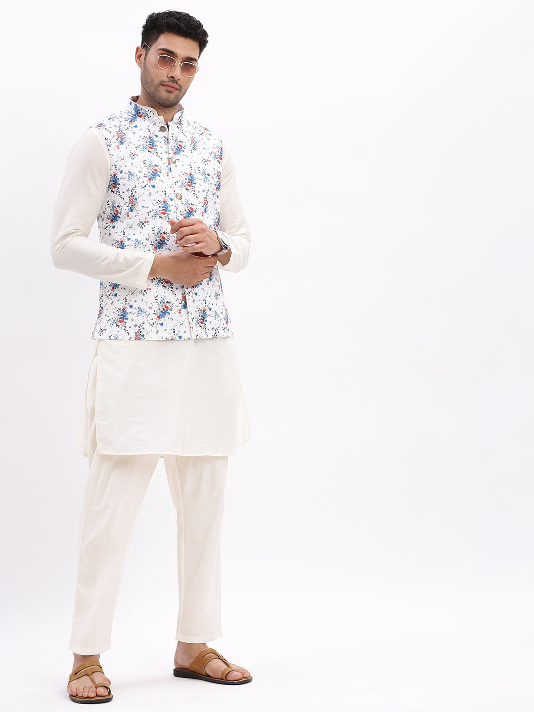 Men Printed White Nehru Jacket