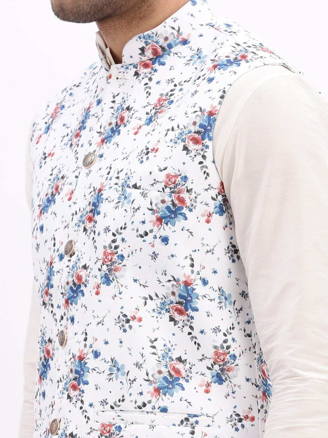 Men Printed White Nehru Jacket