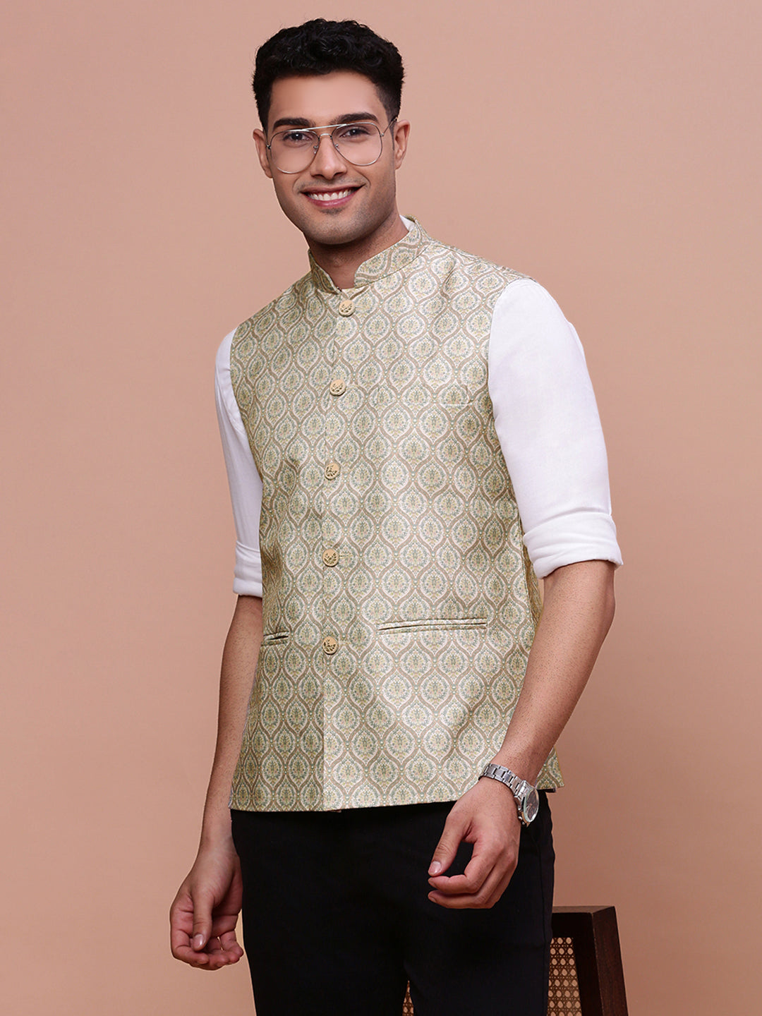 Men Solid Green Slim Fit Nehru Jacket