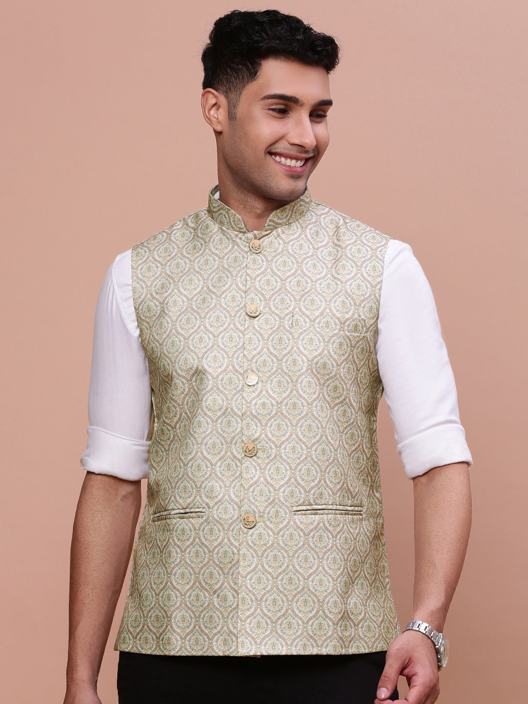 Men Solid Green Slim Fit Nehru Jacket