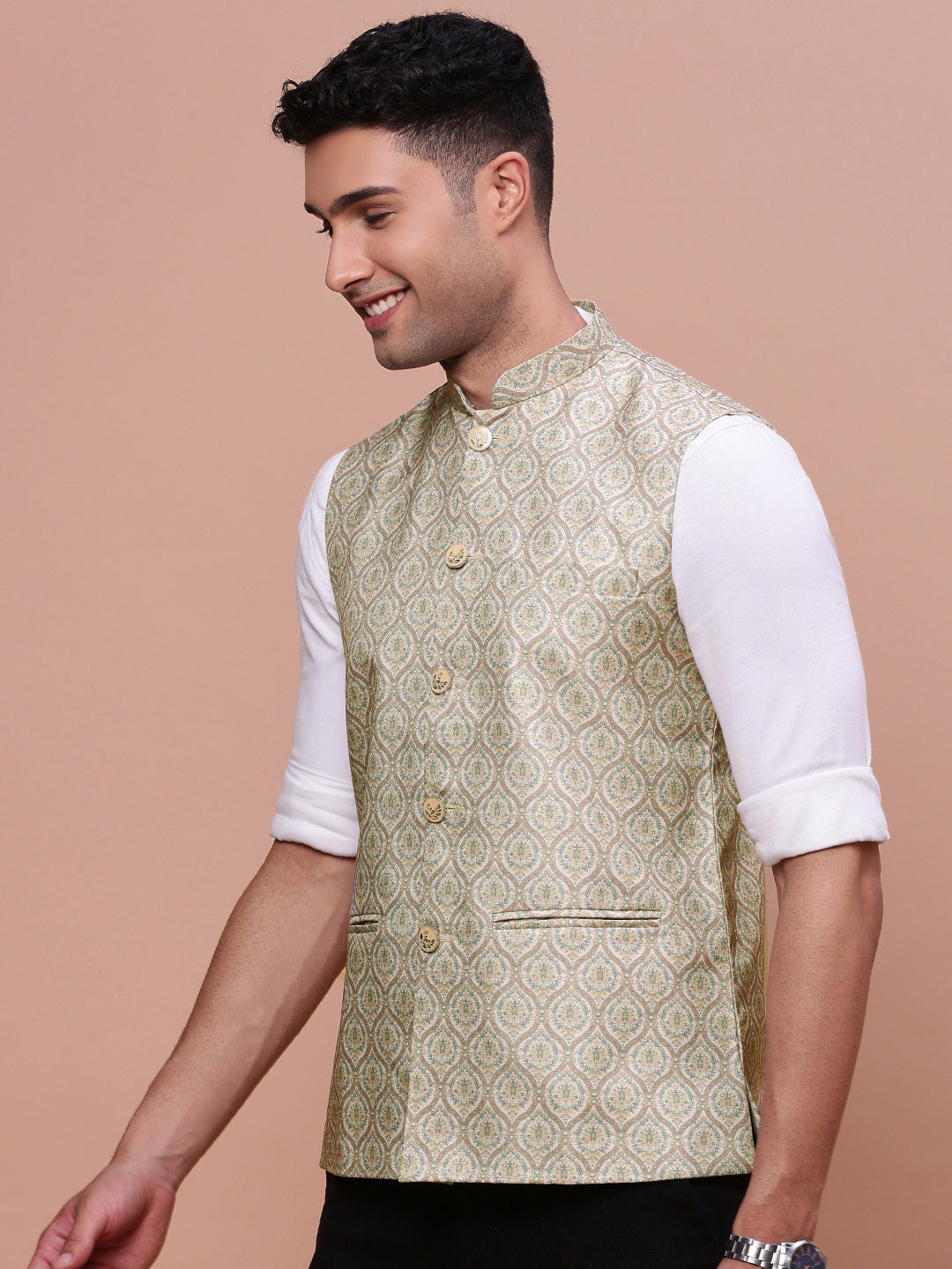 Men Solid Green Slim Fit Nehru Jacket