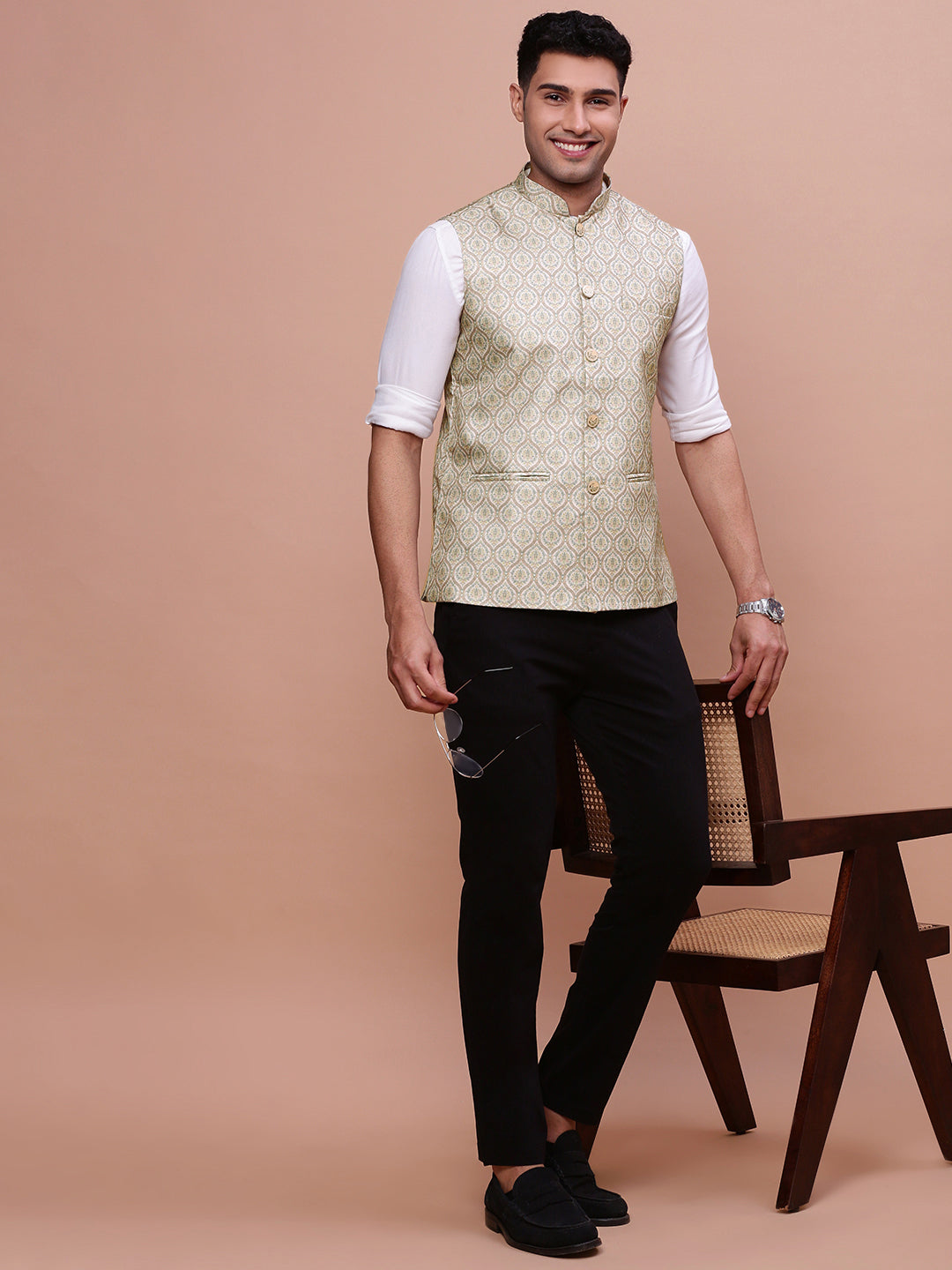 Men Solid Green Slim Fit Nehru Jacket