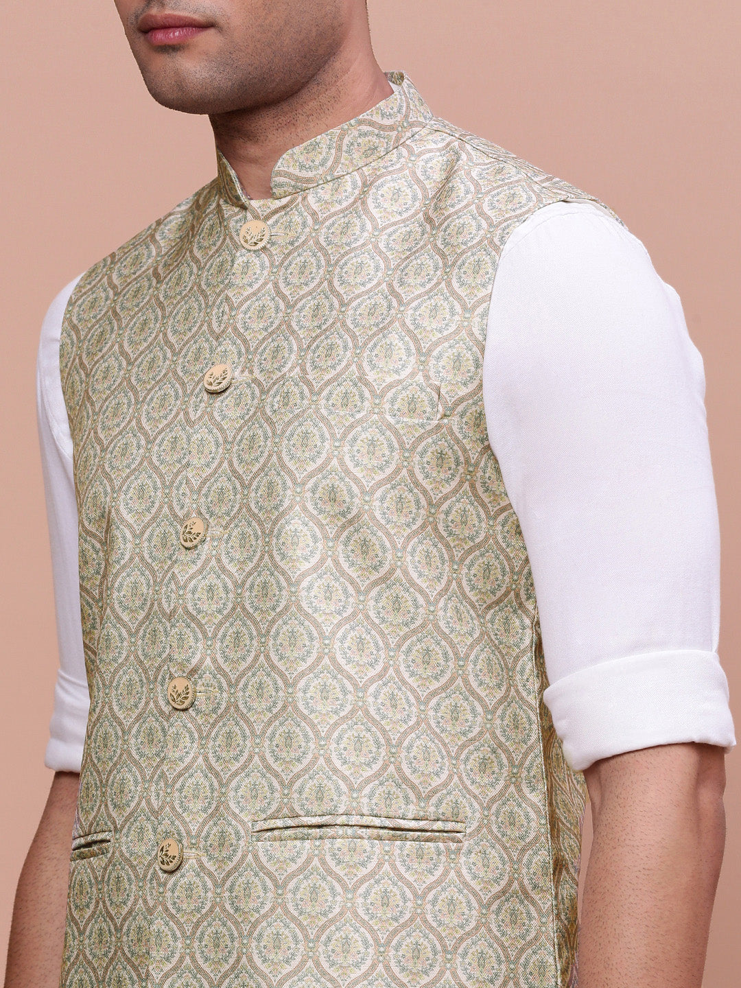 Men Solid Green Slim Fit Nehru Jacket