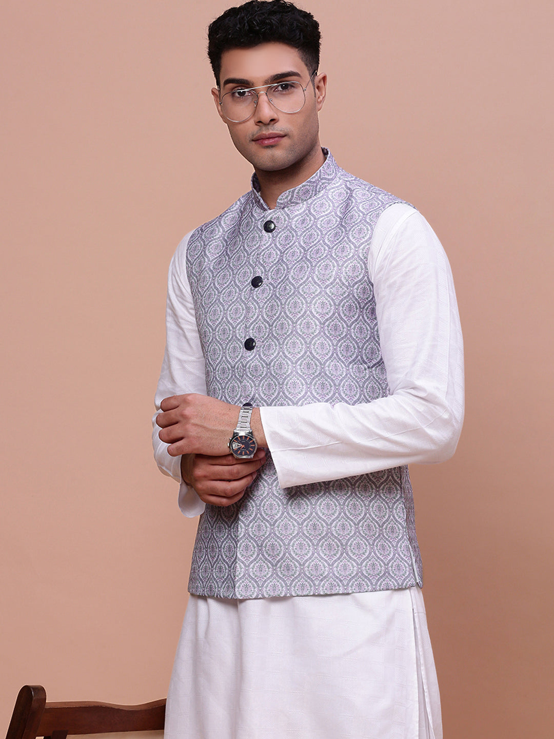 Men Solid Lavender Slim Fit Nehru Jacket