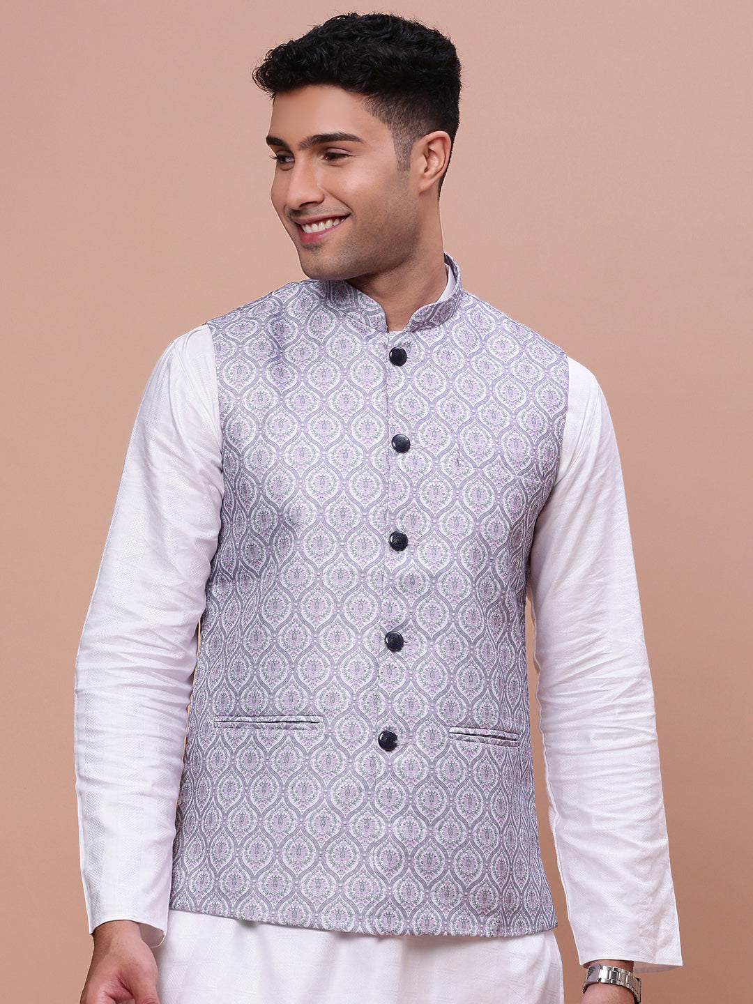 Men Solid Lavender Slim Fit Nehru Jacket