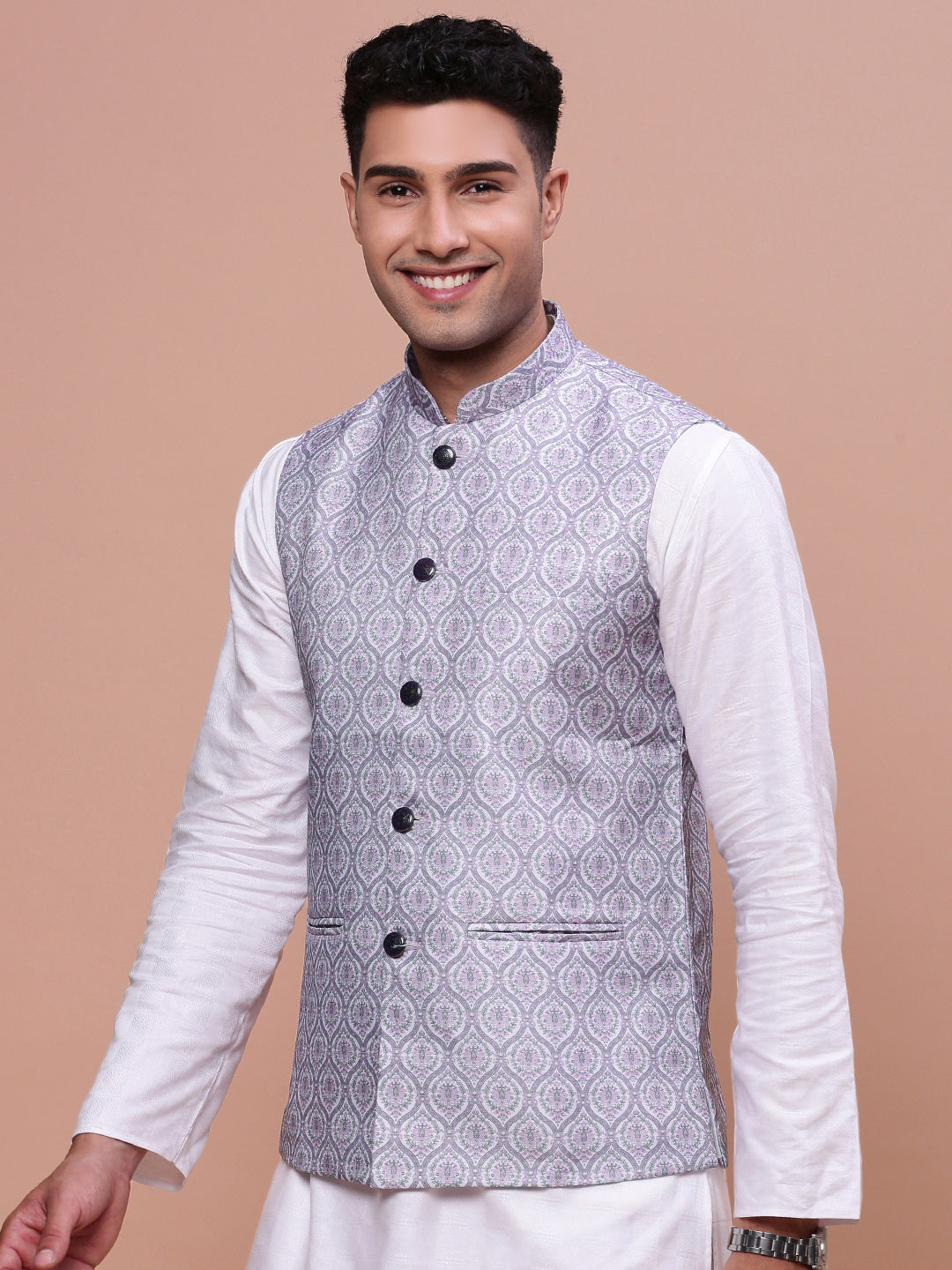 Men Solid Lavender Slim Fit Nehru Jacket