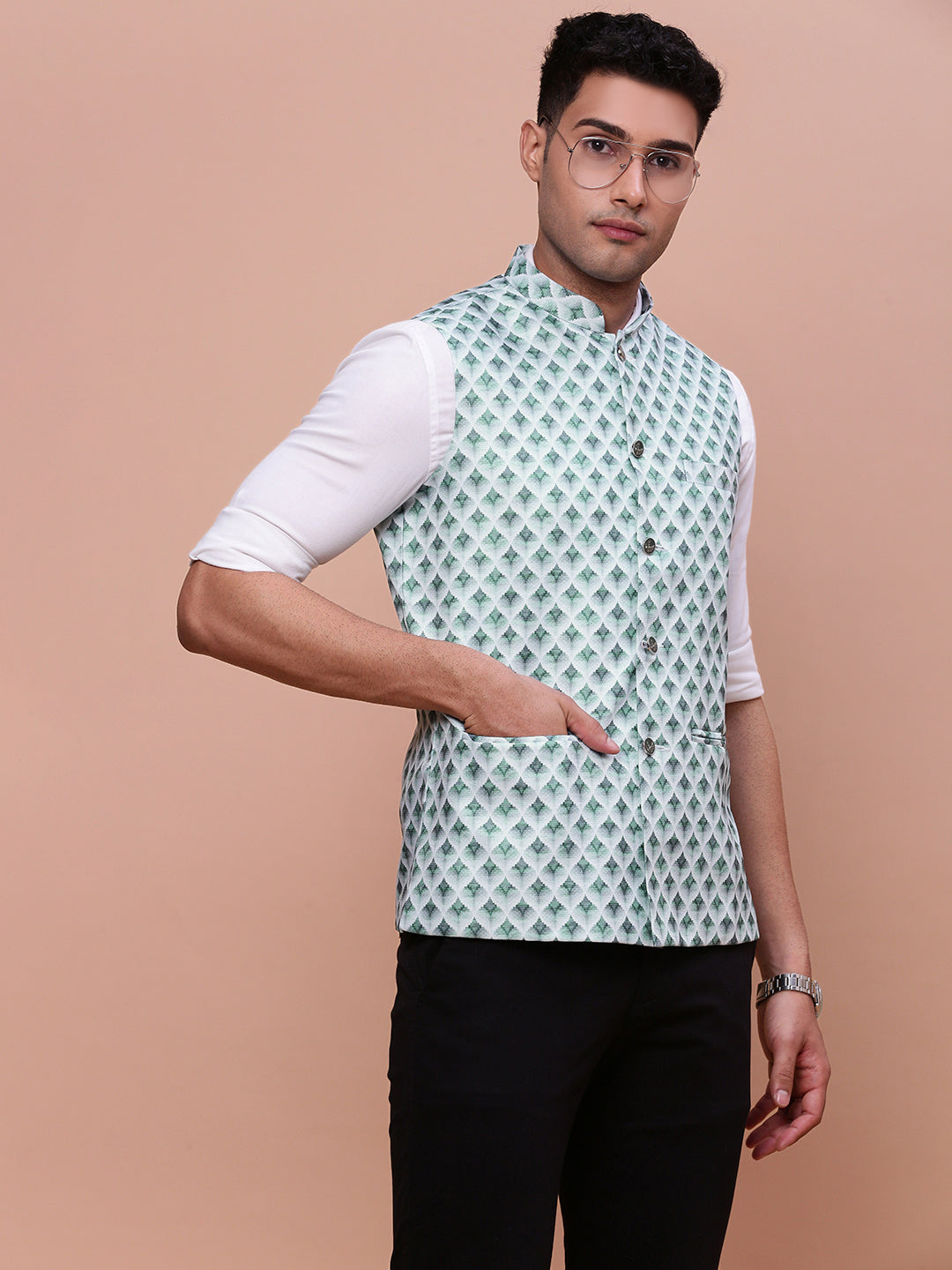 Men Solid Green Slim Fit Nehru Jacket