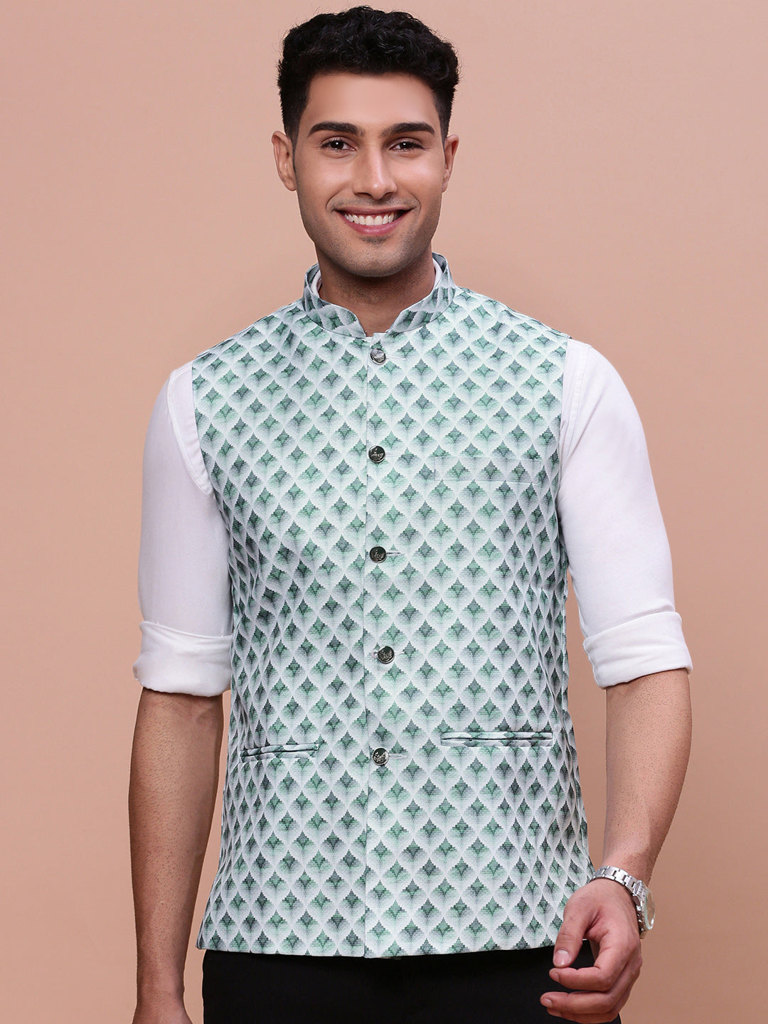 Men Solid Green Slim Fit Nehru Jacket