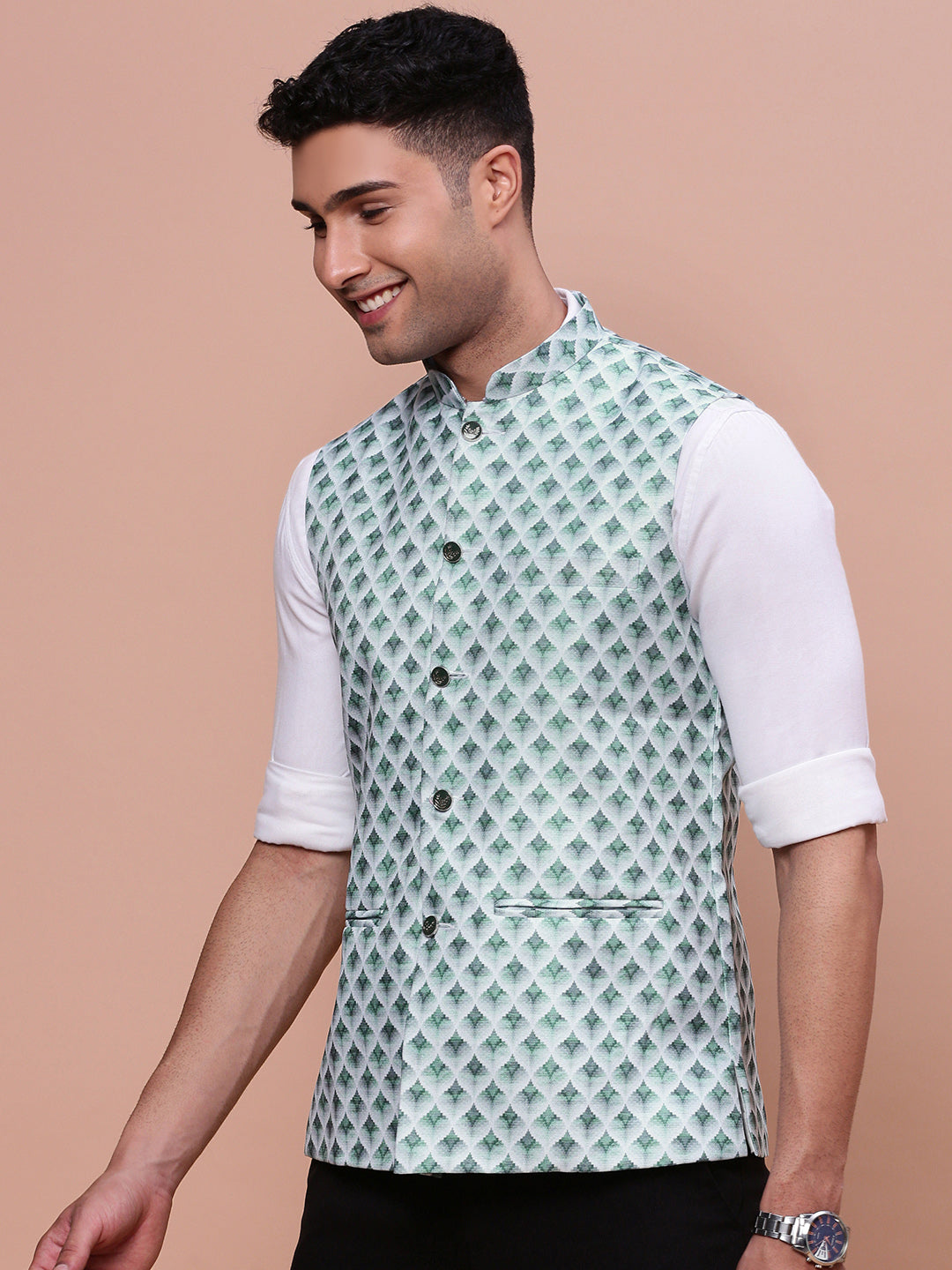 Men Solid Green Slim Fit Nehru Jacket