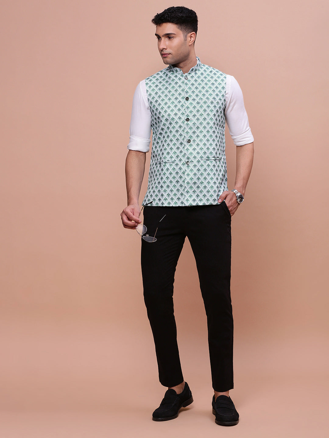 Men Solid Green Slim Fit Nehru Jacket