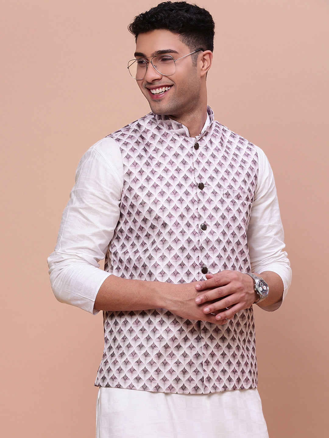 Men Solid Pink Slim Fit Nehru Jacket