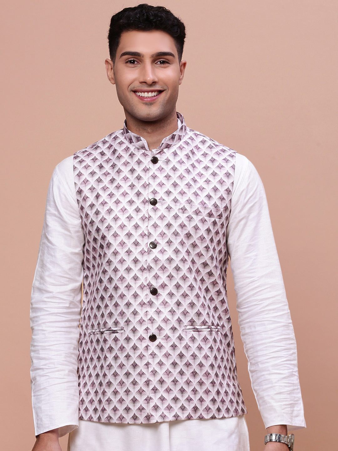 Men Solid Pink Slim Fit Nehru Jacket